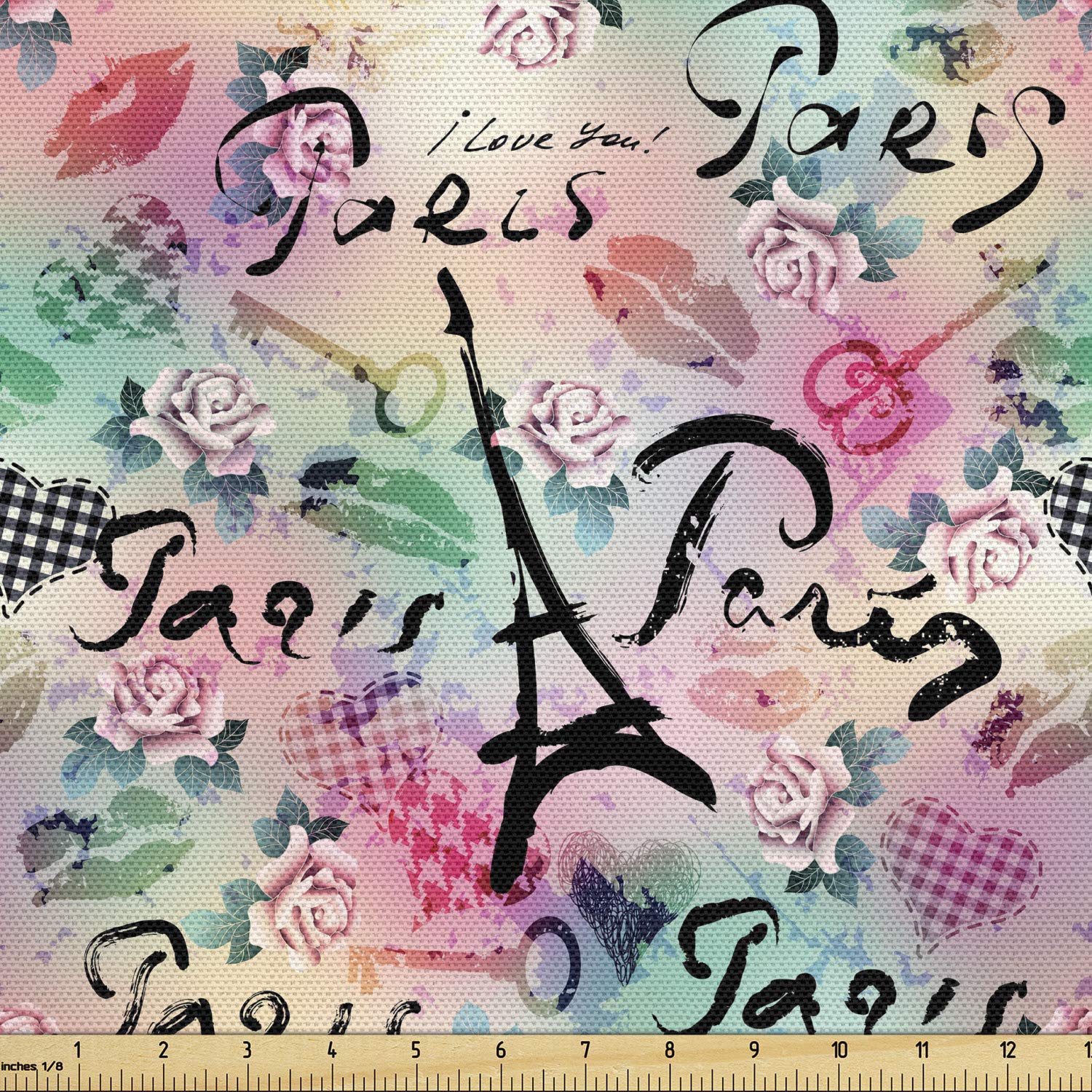 Ambesonne Paris Fabric by The Yard - French Floral Rose Checkered Hearts Romance Love Design | Decorative Upholstery Fabric for Sofa, Curtains & Home Decor | 10 Yards Soft Green | Perfect for DIY Projects, Bedroom & Living Room Makeovers