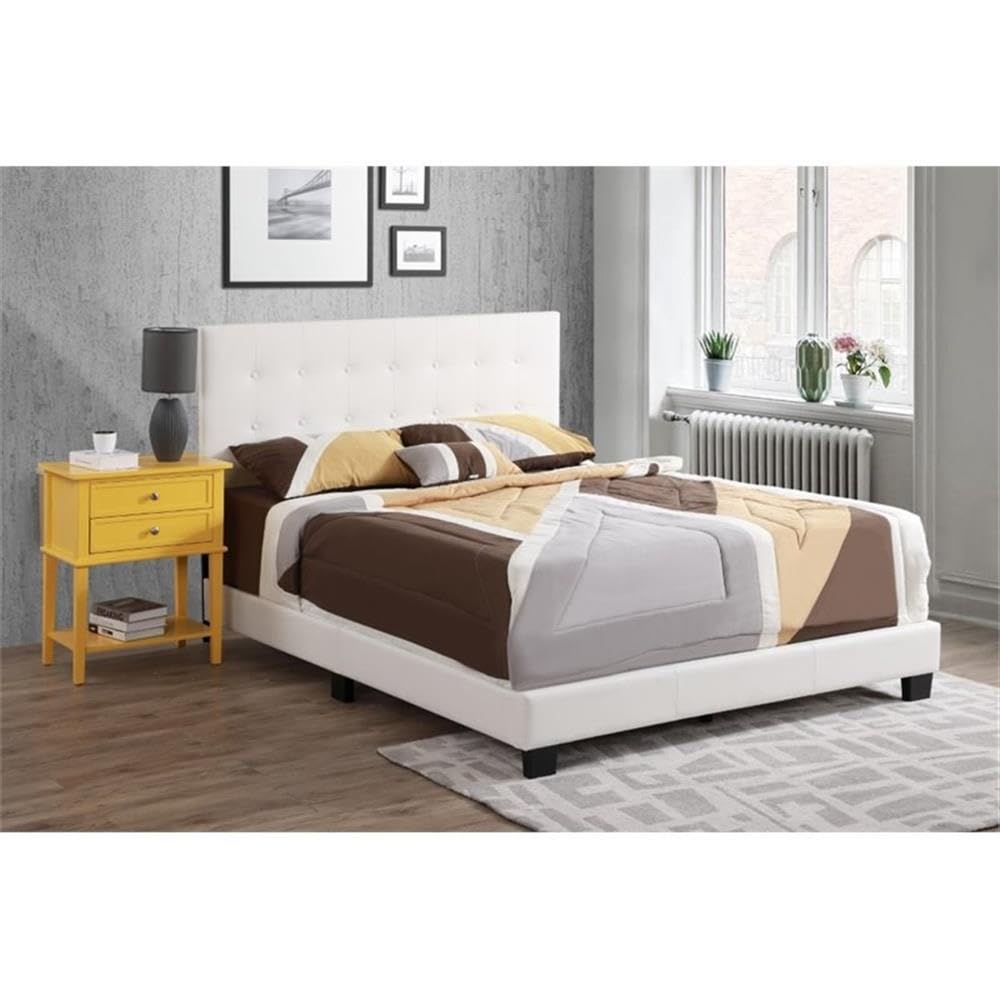 Glory Furniture Caldwell White Faux Leather Upholstered Queen Size Bed Frame - Modern Bedroom Furniture for Home & Guest Room Decor