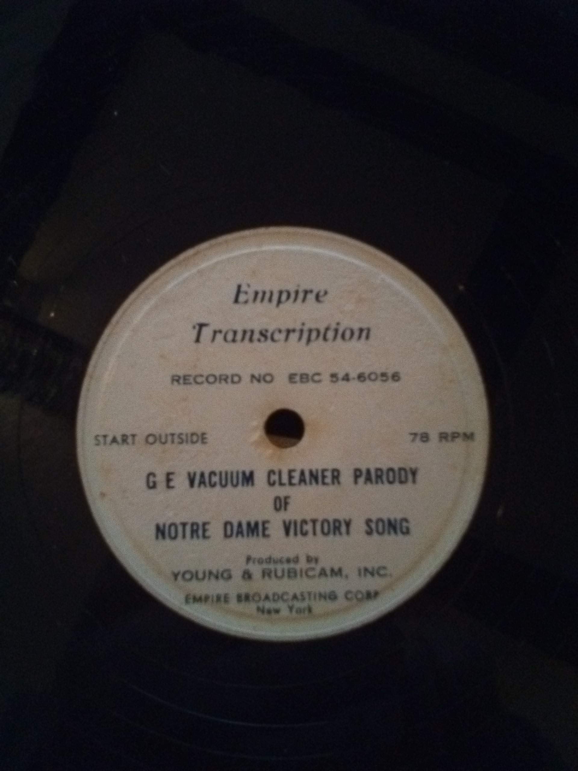 Vintage GE Vacuum Cleaner Notre Dame Victory Song Parody 10 Inch 78 RPM Record - Perfect for Retro Music Collectors & Nostalgic Home Decor