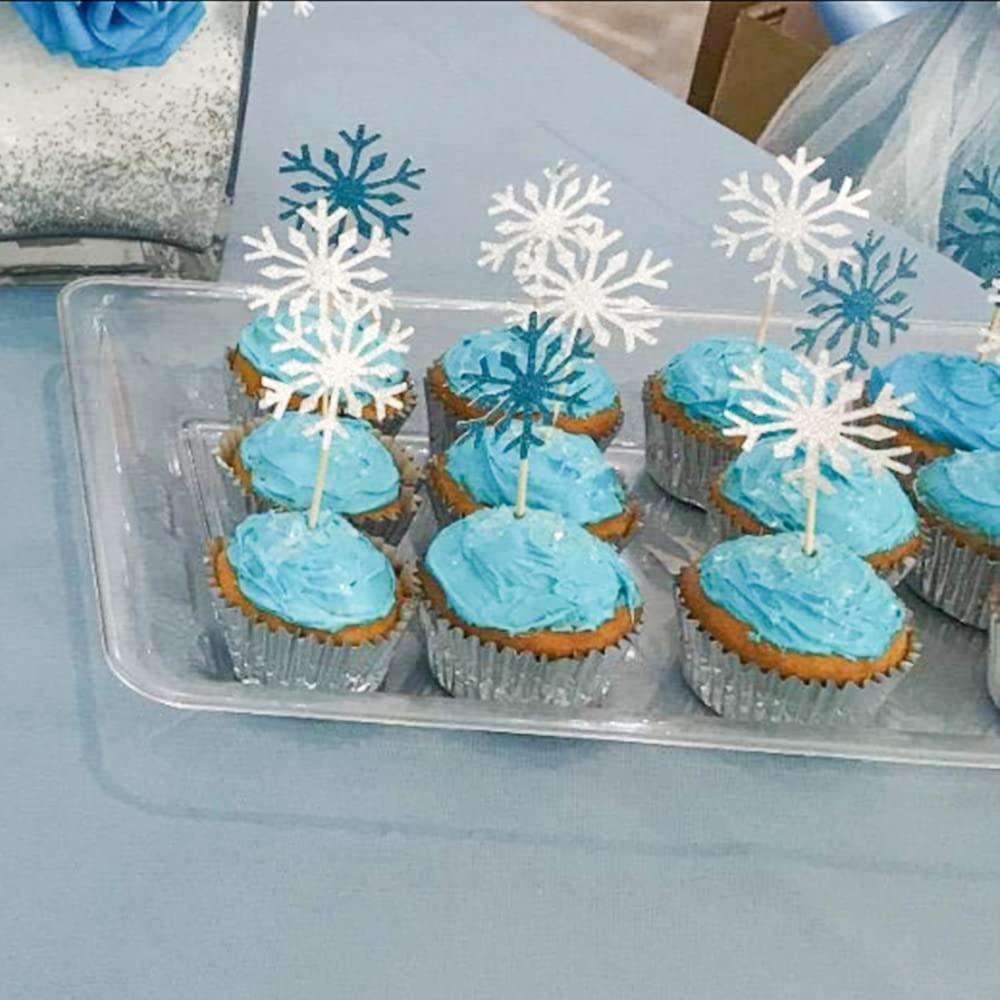Frozen Birthday Cake Toppers Set - 20pcs Snowflake Cupcake Decorations in Silver & Blue for Frozen Themed Parties, Glittery Cake Decor - Perfect for Birthday Cakes, Cupcakes, and Winter Wonderland Celebrations