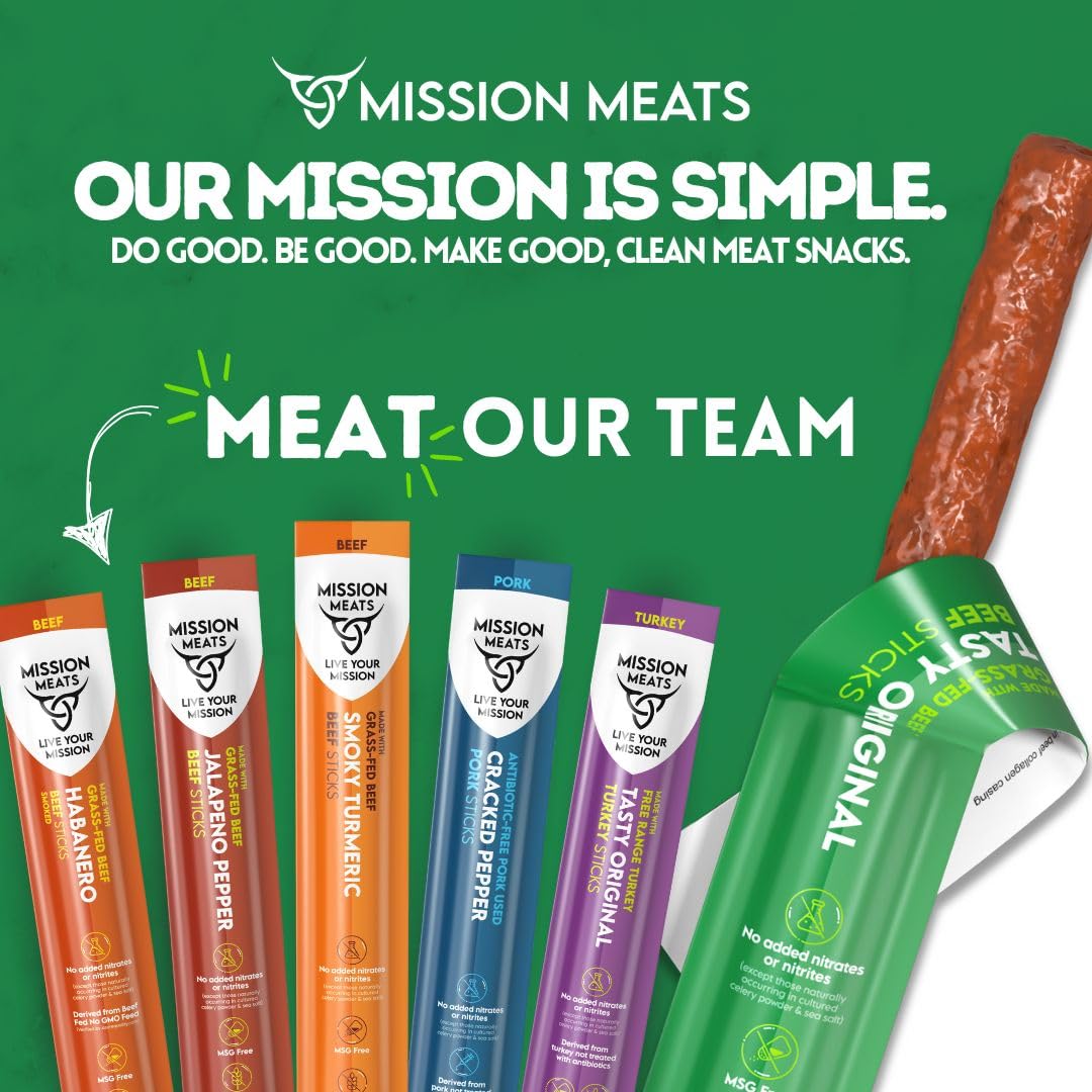 Mission Meats Beef Sticks – 100% Grass Fed & Pasture Raised, Zero Sugar, Gluten Free, Keto & Paleo Friendly, Healthy Protein Snacks, Individually Wrapped (Pack of 48) – Perfect for Hiking, Travel & On-the-Go Nutrition