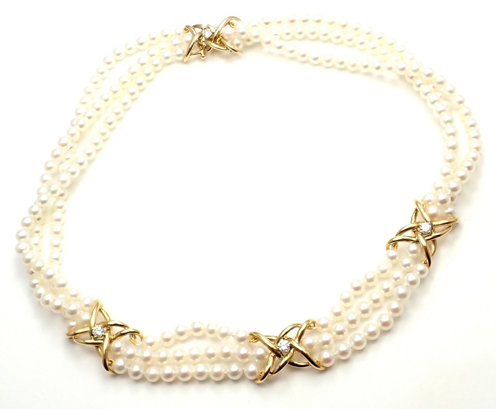 Authentic Tiffany & Co 18k Yellow Gold Diamond 3-Strand Pearl Necklace - Luxury Jewelry for Weddings, Anniversaries & Special Occasions