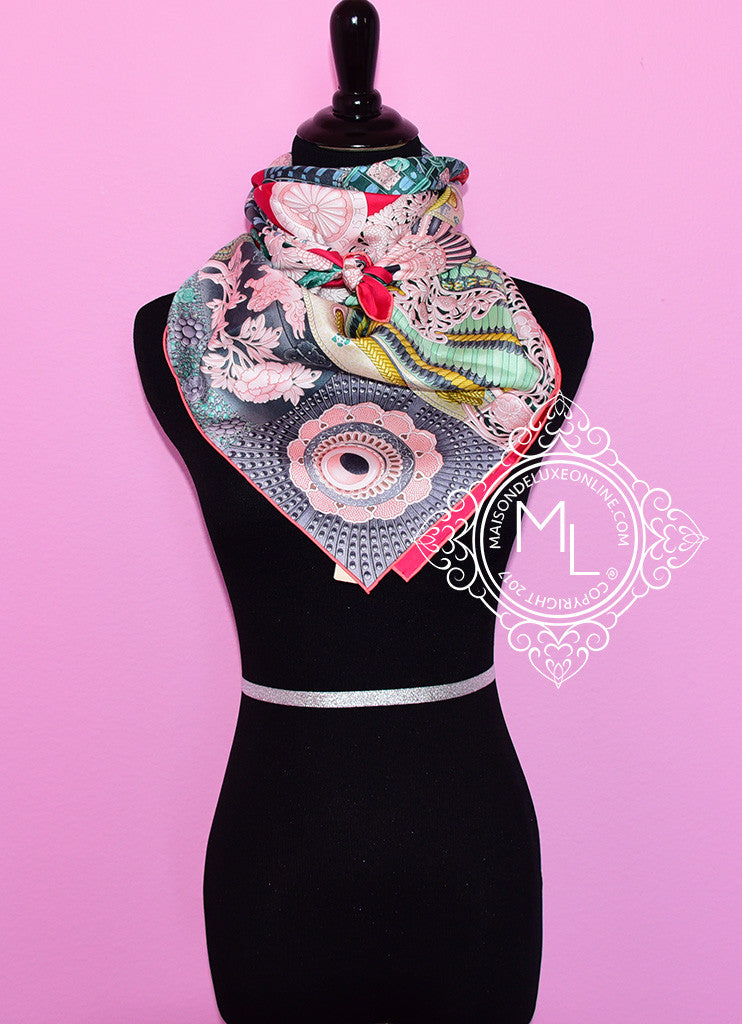 Hermes Pink and Green Twill Silk Scarf 90cm - Parures De Samourais Design - Luxury Fashion Accessory for Women, Perfect for Gifts, Parties, and Elegant Outfits