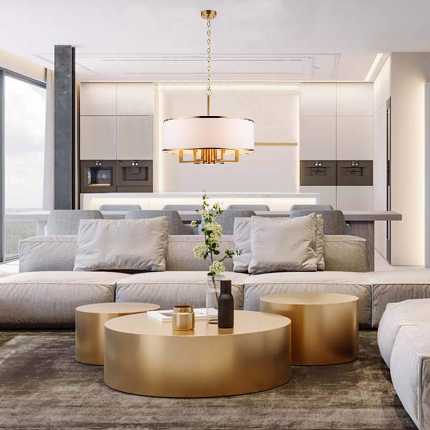 19 Inch 5-Light Adjustable Gold Drum Chandelier - Modern Brass Metal Ceiling Light with White Plastic Shades for Bedroom, Living Room, Dining Room - Perfect for Home Decor, Wedding, Restaurant Lighting
