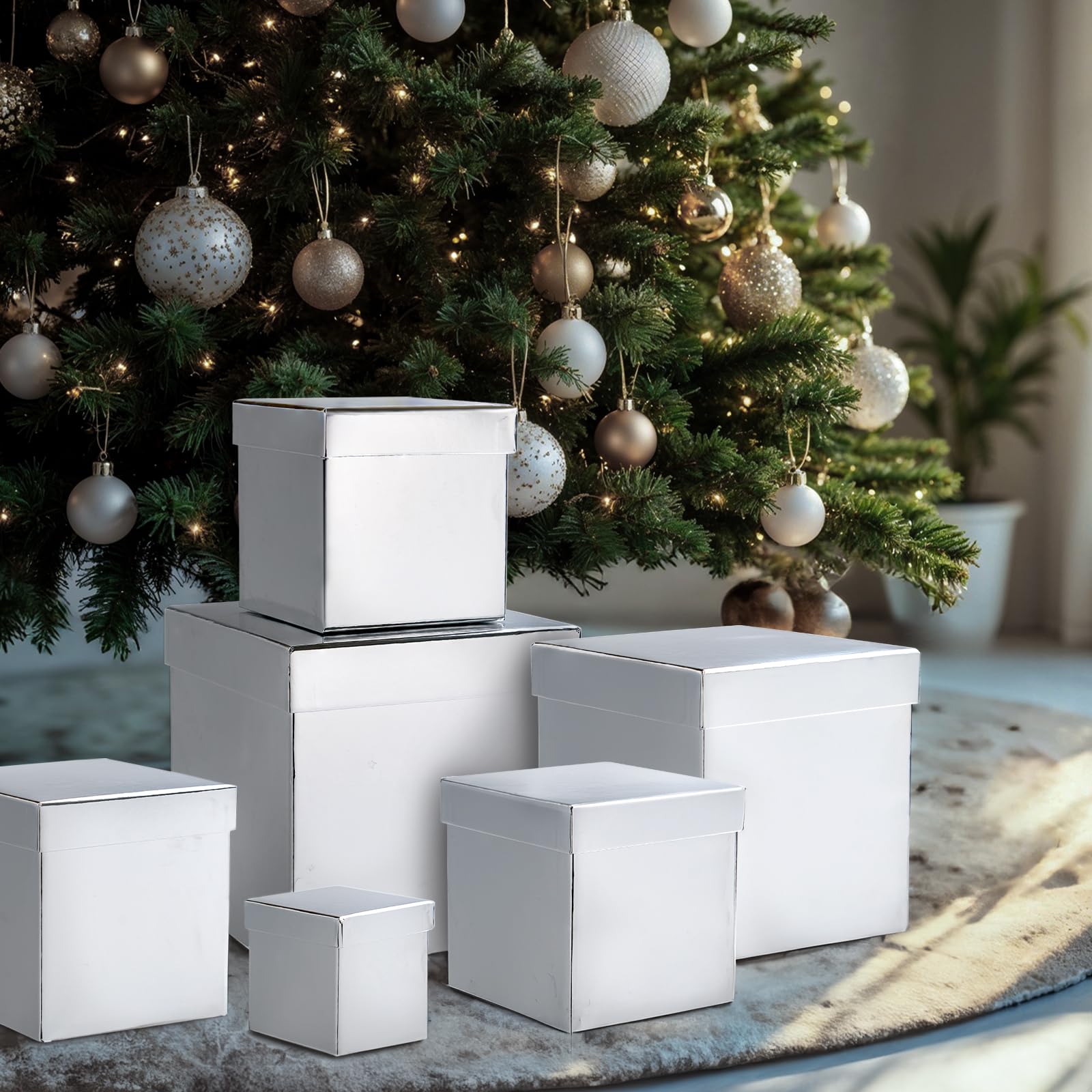UNIQOOO 5-Piece Metallic Silver Gift Box Set with Lid - Assorted Sizes, Square Nested Wedding Keepsake Card Boxes for Party, Thanksgiving & Christmas | Elegant Gift Wrapping & Organizer for Jewelry, Cards, Wedding Favors & Holiday Presents