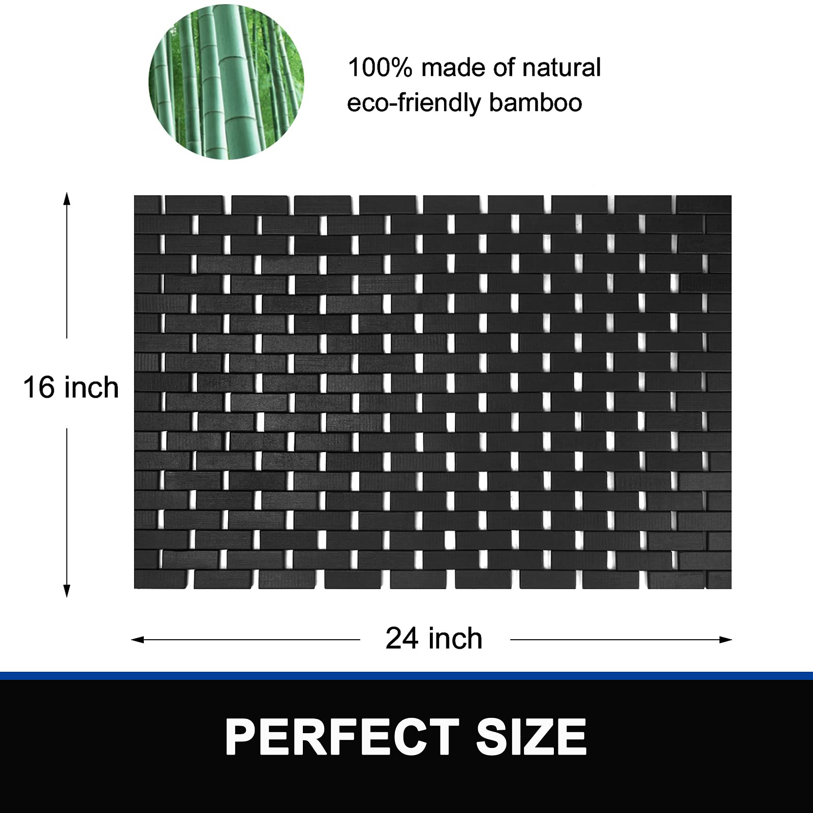 **Non-Slip Bamboo Bath Mat - Waterproof Wooden Shower Rug for Bathroom Floor (16x24 Inch, Black) - Easy to Clean & Eco-Friendly - Perfect for Bathtub, Shower, and Spa Areas**