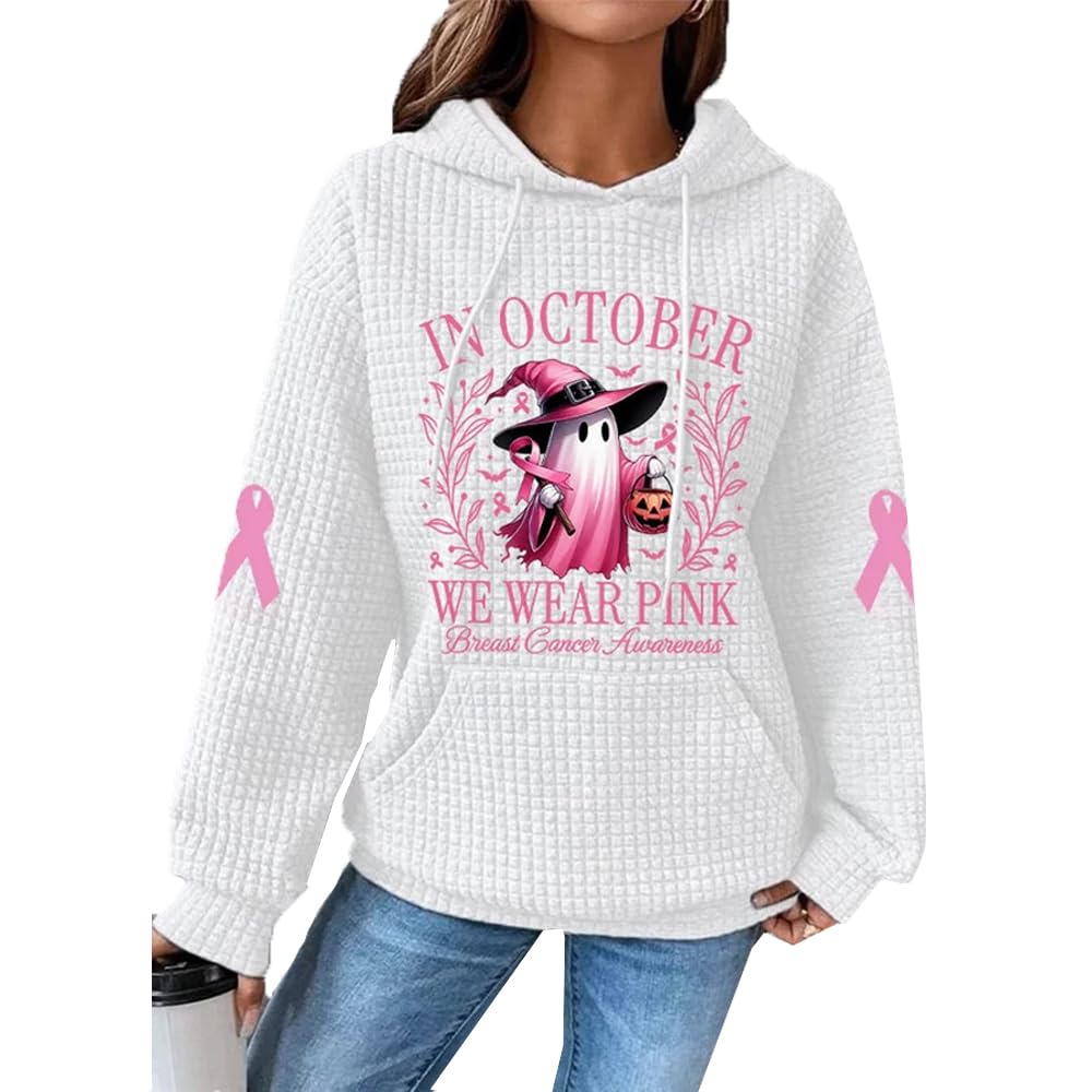 Pink Halloween Ghost Breast Cancer Awareness Warrior Waffle Hoodie - Cozy Pullover for October Events, Fundraisers & Fall Fashion