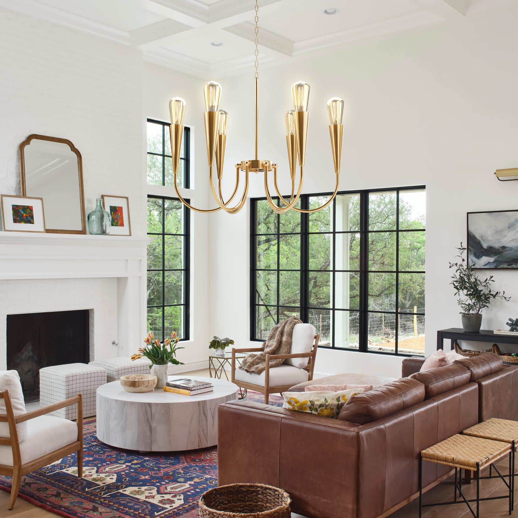 Modern Gold Chandelier - 6-Light Farmhouse Ceiling Fixture for Dining Room, Kitchen, Living Room, Bedroom & Entryway | Elegant Candle-Style Pendant Lighting for Home Decor & Interior Design