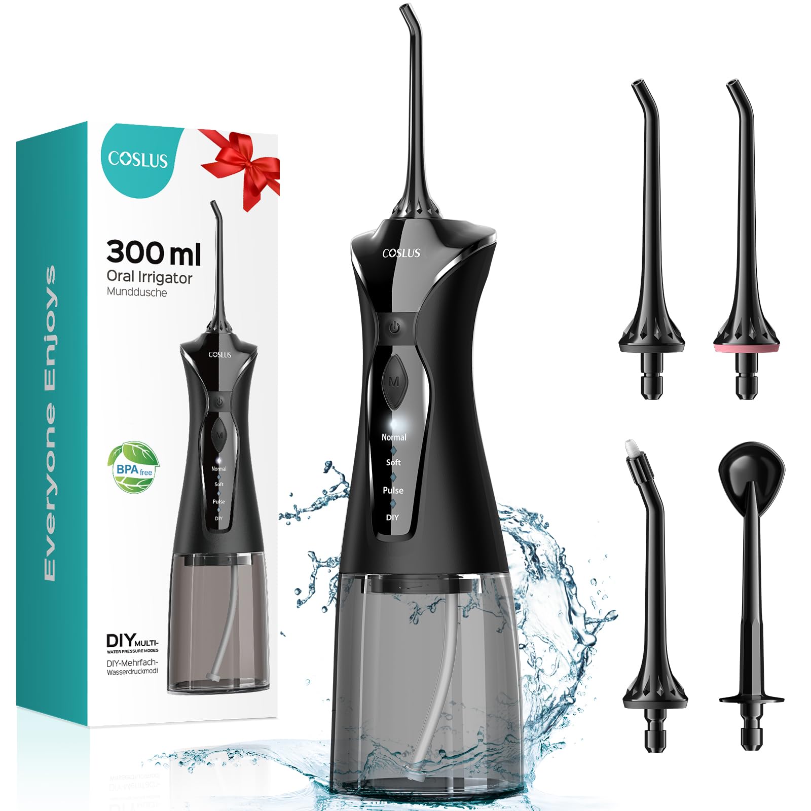 COSLUS Cordless Water Dental Flosser with 4 Cleaning Modes, 300ML Large Water Tank, IPX7 Waterproof - Portable Teeth Cleaner for Home & Travel (Black C30 Model FC5360) | Perfect for Braces Care, Gum Health and Fresh Breath Maintenance
