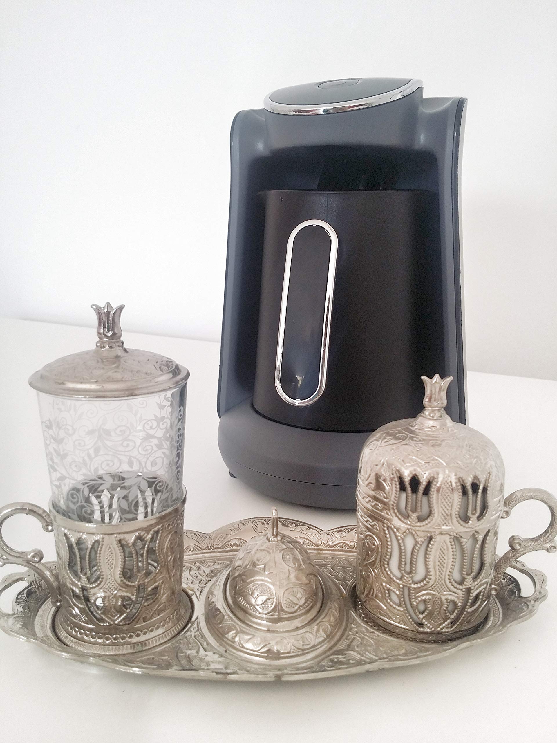 Arzum Okka Minio Automatic Turkish Greek Coffee Maker Machine - 4 Cup Capacity, 120V US Plug (Black/Silver) - Perfect for Home, Office & Mediterranean Coffee Lovers