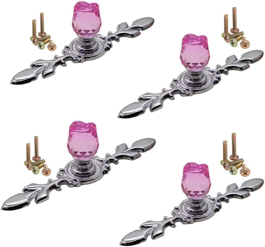 4 Pack Rose Flower Clear Crystal Glass Drawer Knobs with Plates & Screws - Small Pink Cabinet Pull Handles for Dresser, Cupboard, Kitchen & Office Decoration | Elegant Home Upgrade & DIY Furniture Makeover