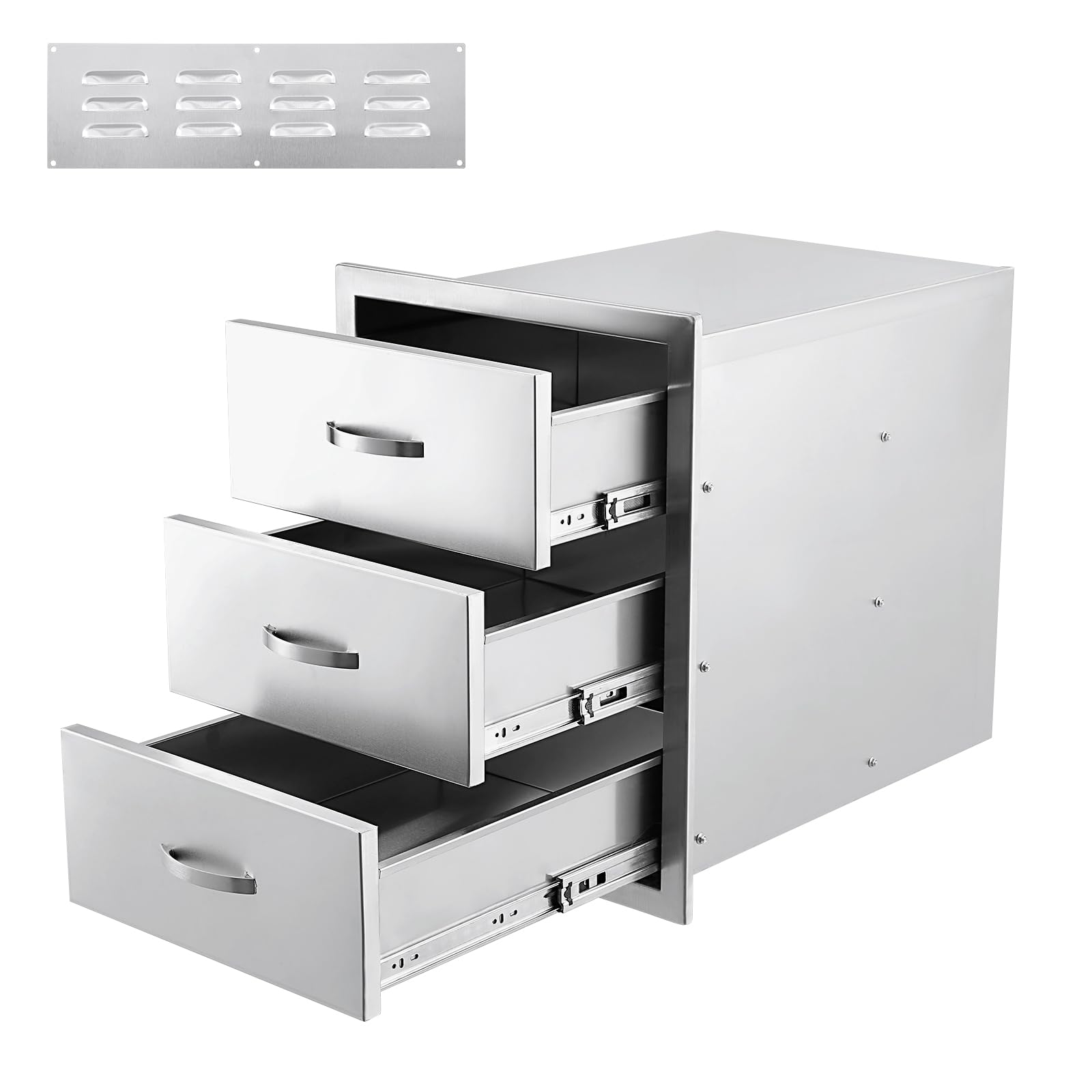 Stainless Steel Triple BBQ Storage Drawers for Outdoor Kitchen - 20W x 23D x 27H Inches Flush Mount Built-in Drawers with Venting Panel - Perfect for Kitchen Island, Patio Grill Station & Backyard Entertaining