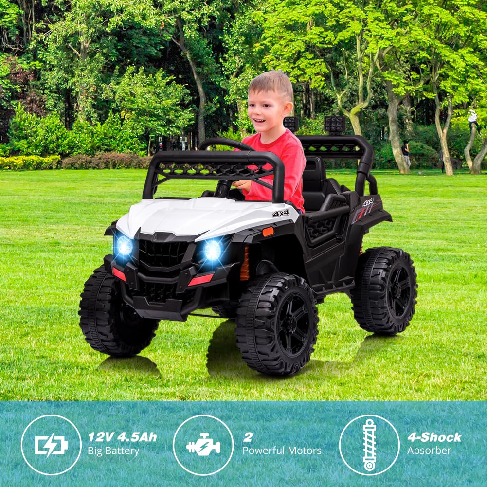 12V Battery Powered Kids Ride On Car with Remote Control - Electric Toy Vehicle for Toddlers with Spring Suspension, LED Lights, FM Radio, AUX/USB Port & Music Player (White) - Perfect for Indoor/Outdoor Play, Birthday Gifts & Family Fun Activities