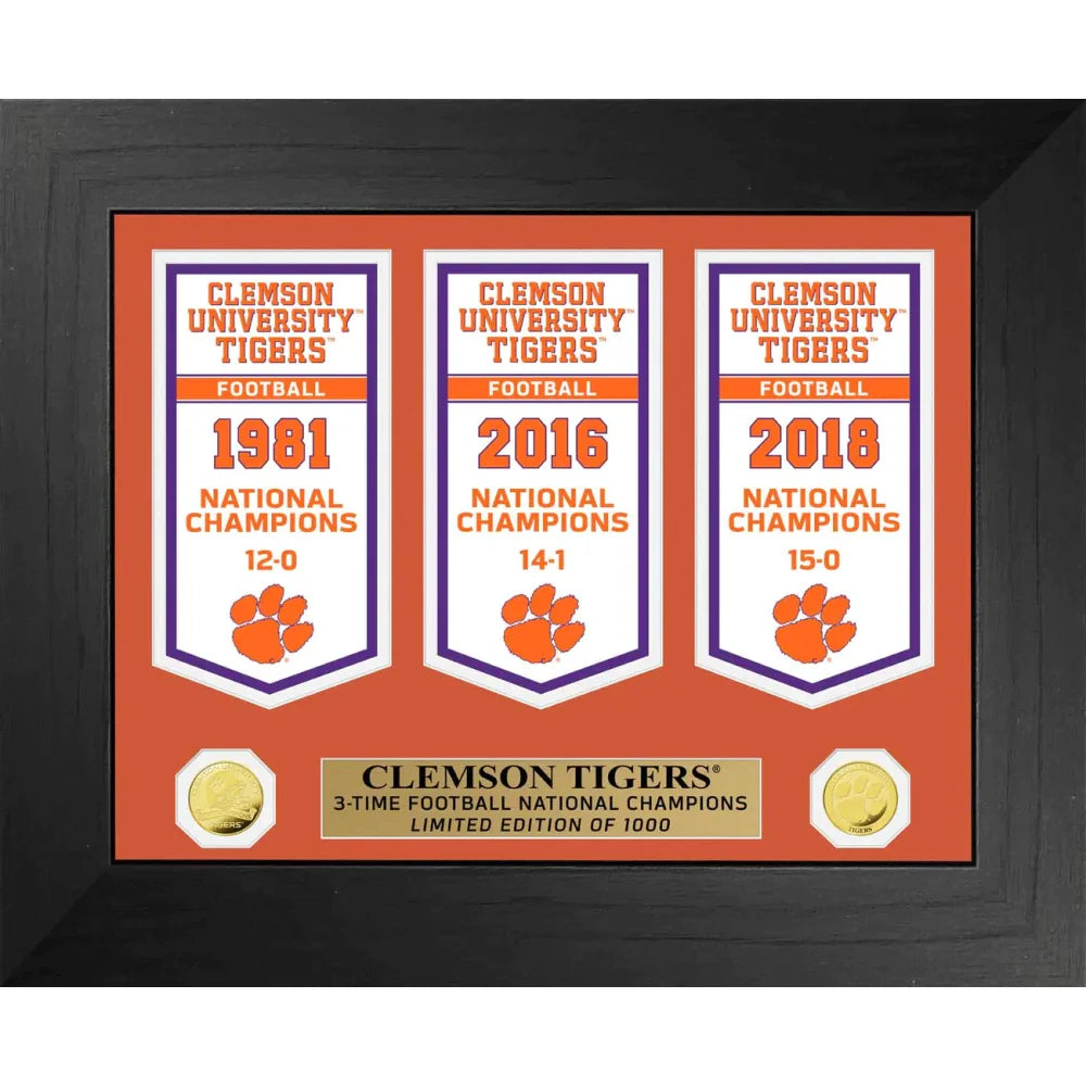 Clemson Tigers NCAA Football National Championship Gold Coin Framed Collage - Wall Decor for Game Room, Sports Bar, and Fan Cave