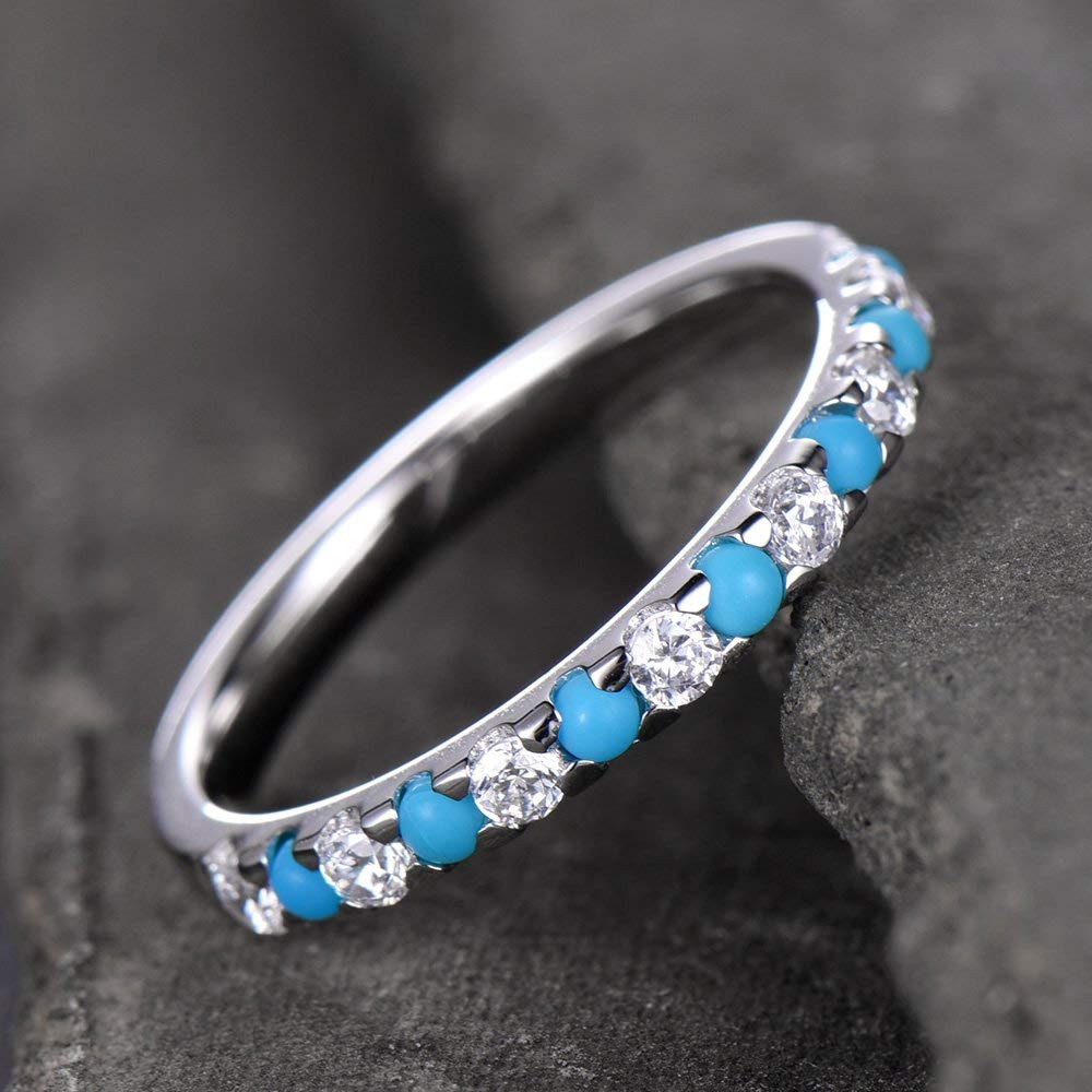 Turquoise Half Eternity Wedding Band - Sterling Silver CZ Diamond Anniversary Ring (White Gold Plated) - Perfect for Bridal Jewelry, Engagement Gift & Matching Wedding Sets