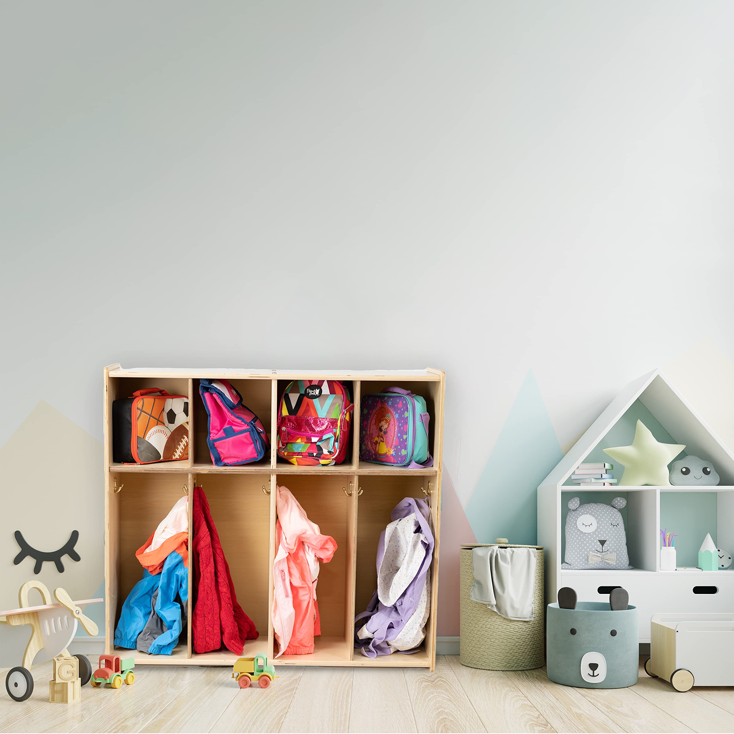 Montessori 4-Section Cubby Coat Rack with Hooks - Kids Backpack Hanger & School Locker Organizer - Storage Shelf for Daycare, Classroom, Nursery & Mudroom Organization
