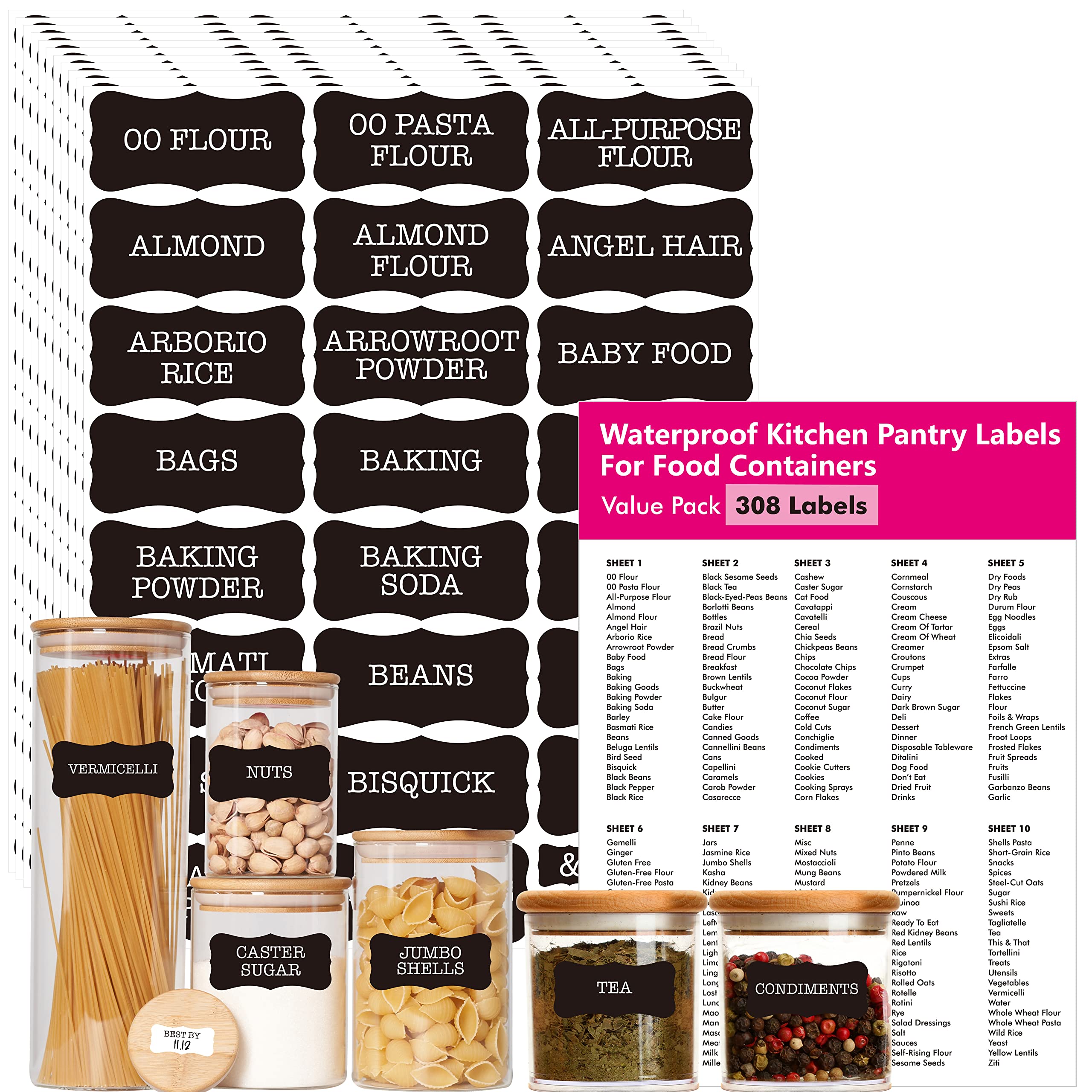 Hebayy 308 Pantry Food Labels - 280 Preprinted & 28 Blank Stickers for Flour, Pasta, Lentils, Grains, Condiments, Oils - Waterproof, Tear-Resistant, No Residue - Perfect for Kitchen Containers, Jars & Pantry Organization (White on Black) - Ideal for Meal Prep, Spice Storage & Home Organization