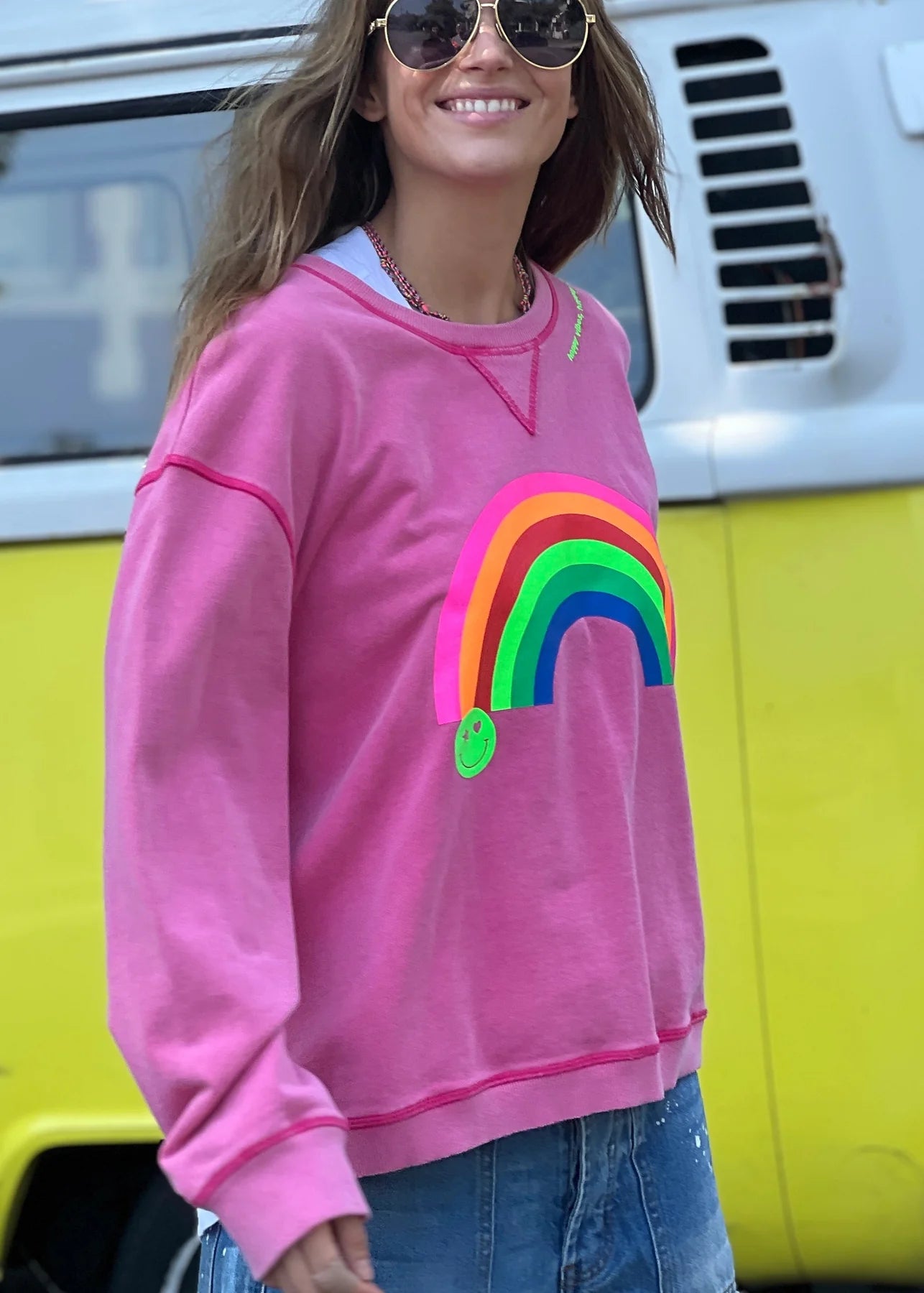 Vintage Rainbow Sweater for Women - Soft Washed Pink Cotton Pullover | Perfect for Casual Outfits, Fall Layering & Cozy Winter Wear