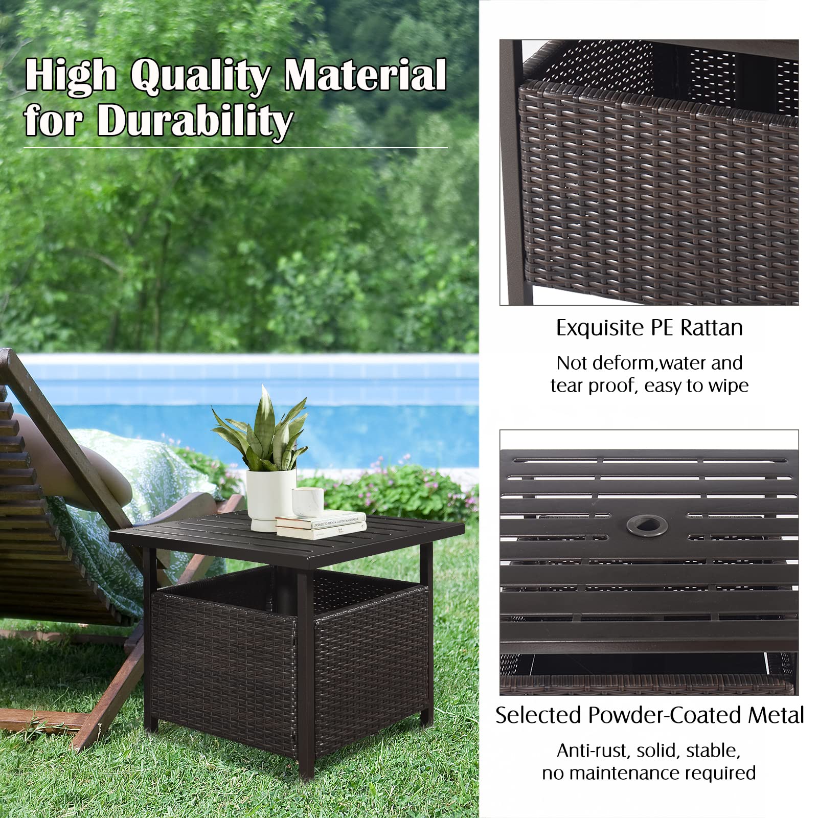 Casart Outdoor Side Table with Umbrella Hole - Square Wicker PE Rattan Coffee Table with Metal Tabletop - Patio End Table for Garden, Backyard, Poolside & Deck - Perfect for Outdoor Dining, Lounging & Entertaining