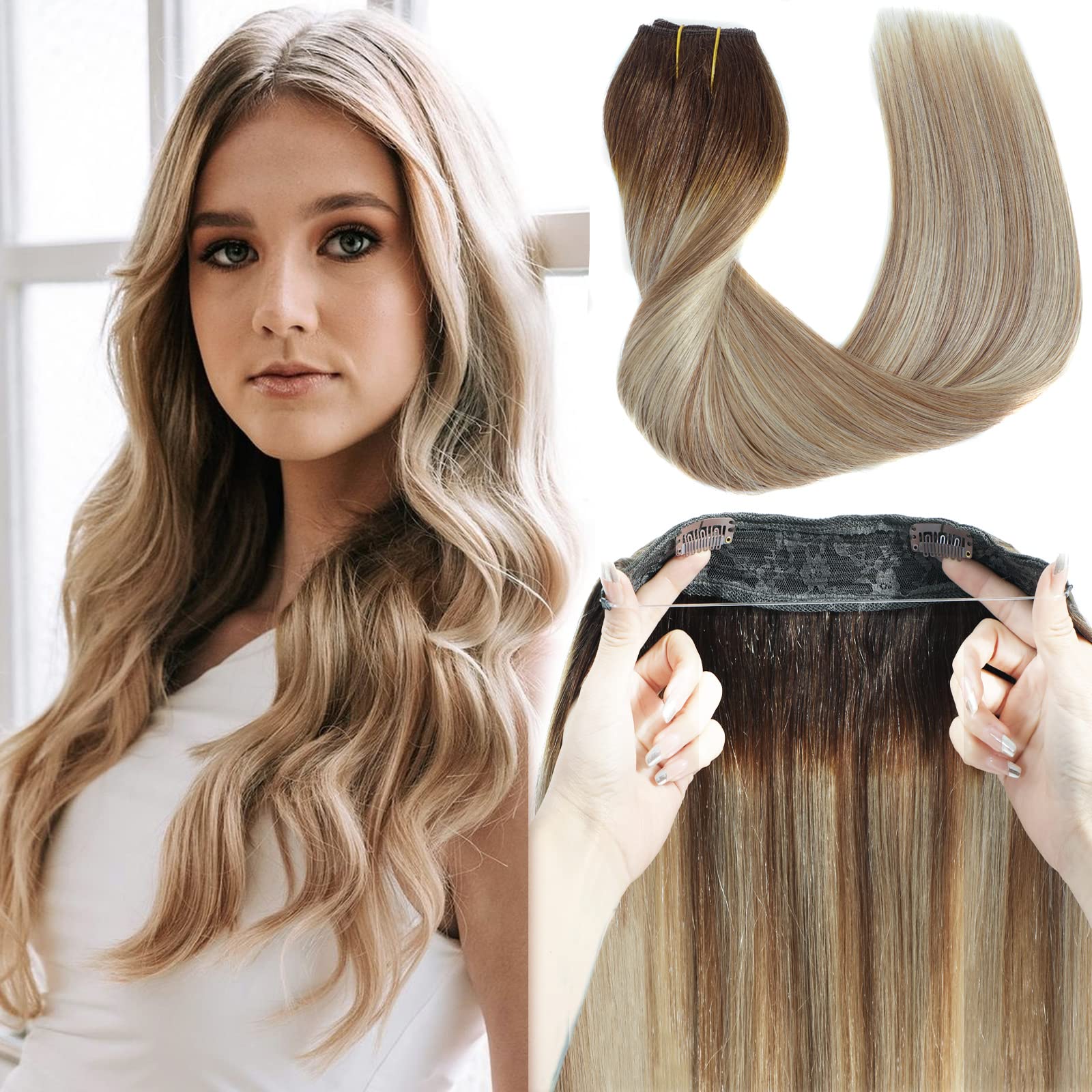 Ugrace 16 Inch 80g Real Human Hair Extensions - Balayage Light Brown to Ash Brown & Bleach Blonde - Transparent Invisible Fish Line Straight Clip-Ins for Women | Perfect for Daily Wear, Parties & Special Occasions