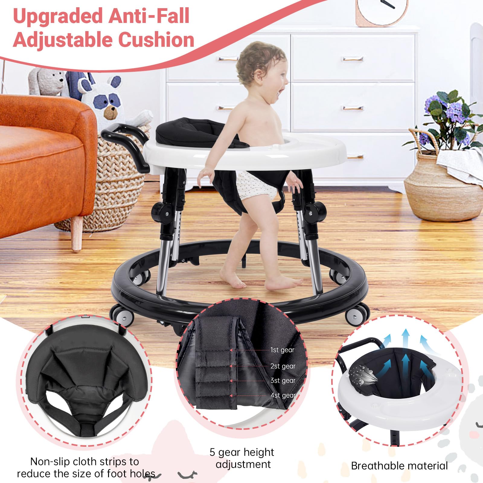 Foldable Baby Walker with Music & Lights - Adjustable 9 Height Levels, Wheels for Easy Mobility - Activity Center for Boys & Girls 7-18 Months - Perfect for Learning to Walk & Indoor Playtime