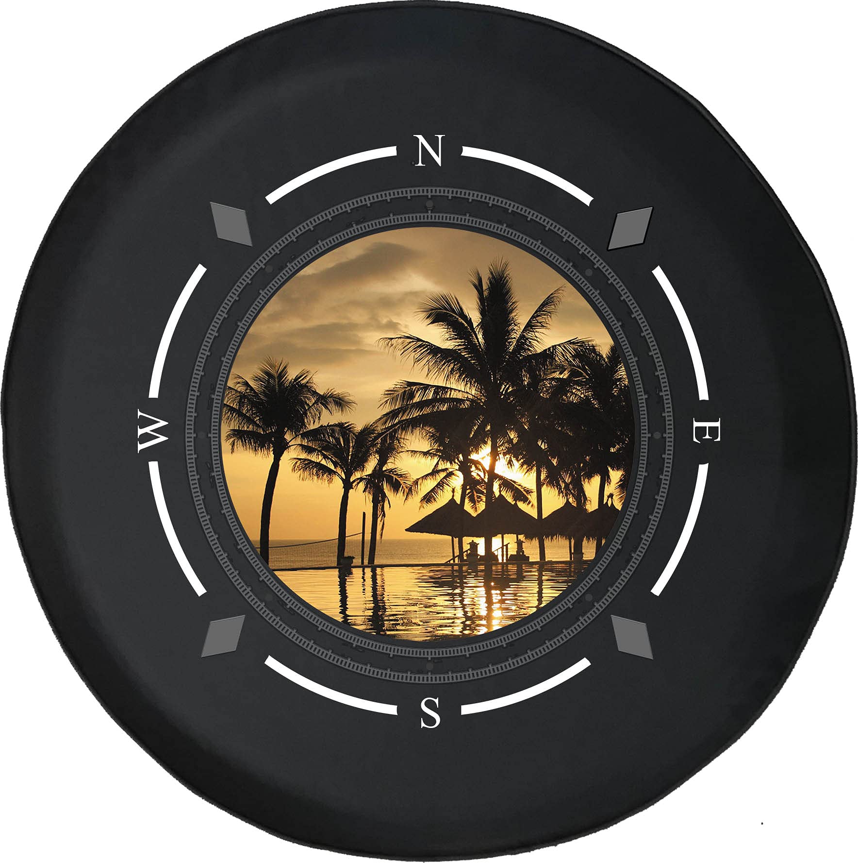 American Unlimited Spare Tire Cover with Compass & Caribbean Sunset Design - Universal Fit for SUVs, Trailers, RVs & Most Vehicles | Durable Wheel Protection for Outdoor Adventures & Road Trips