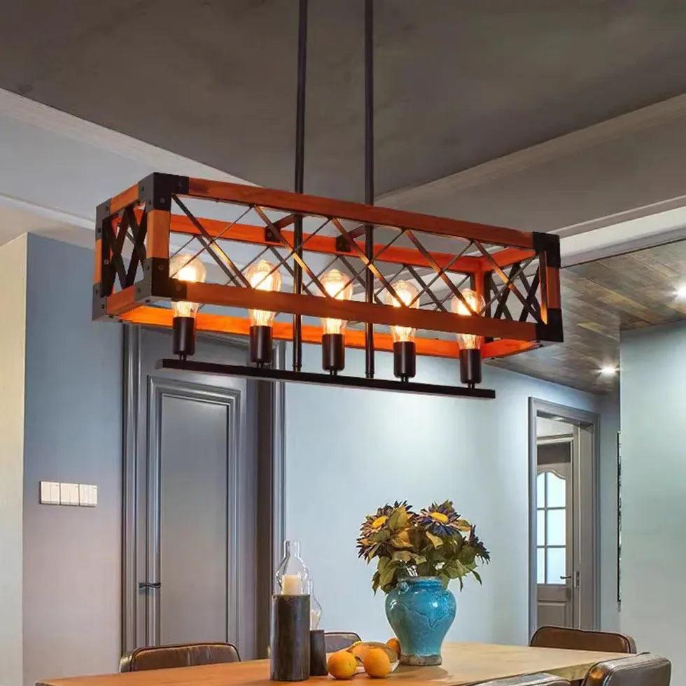 Modern Rectangular Wooden Frame Metal Rod Dining Pendant Light - Farmhouse Style Hanging Chandelier for Kitchen Island, Dining Room, and Breakfast Nook Lighting