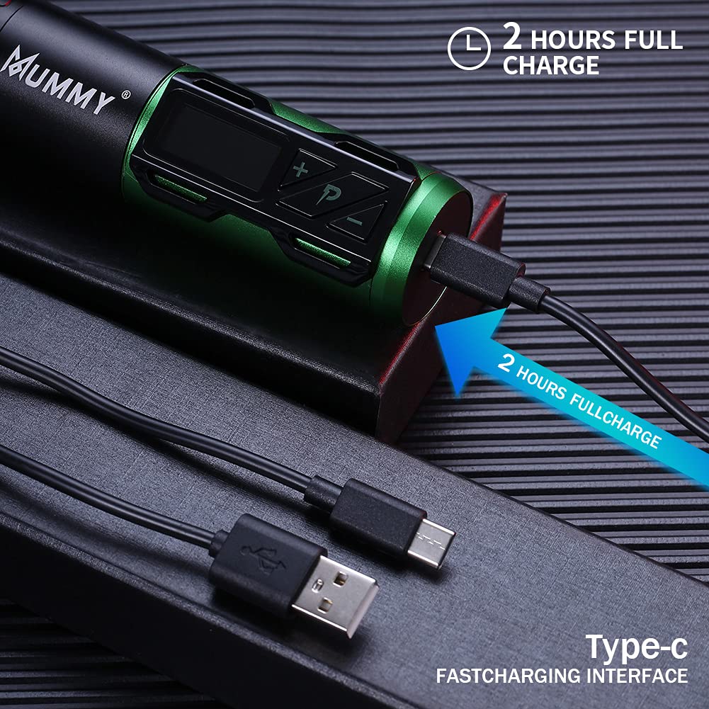 Professional Rotary Tattoo Pen Machine - 1800mAh Coreless Motor, Digital LED Display, Mummy Cartridge Compatible (Green) | Ideal for Tattoo Artists, Beginners & Professional Tattoo Supplies
