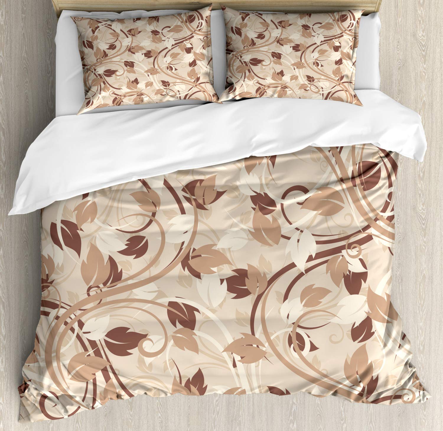 Ambesonne Ivory Duvet Cover Set - Autumn Leaves Design in Faded Earth Tones, Queen Size 2-Piece Bedding Set with 4 Pillowcases, Cream Umber Cocoa | Fall Season Decor, Cozy Bedroom Upgrade, Romantic Illustration for Master Bedroom or Guest Room