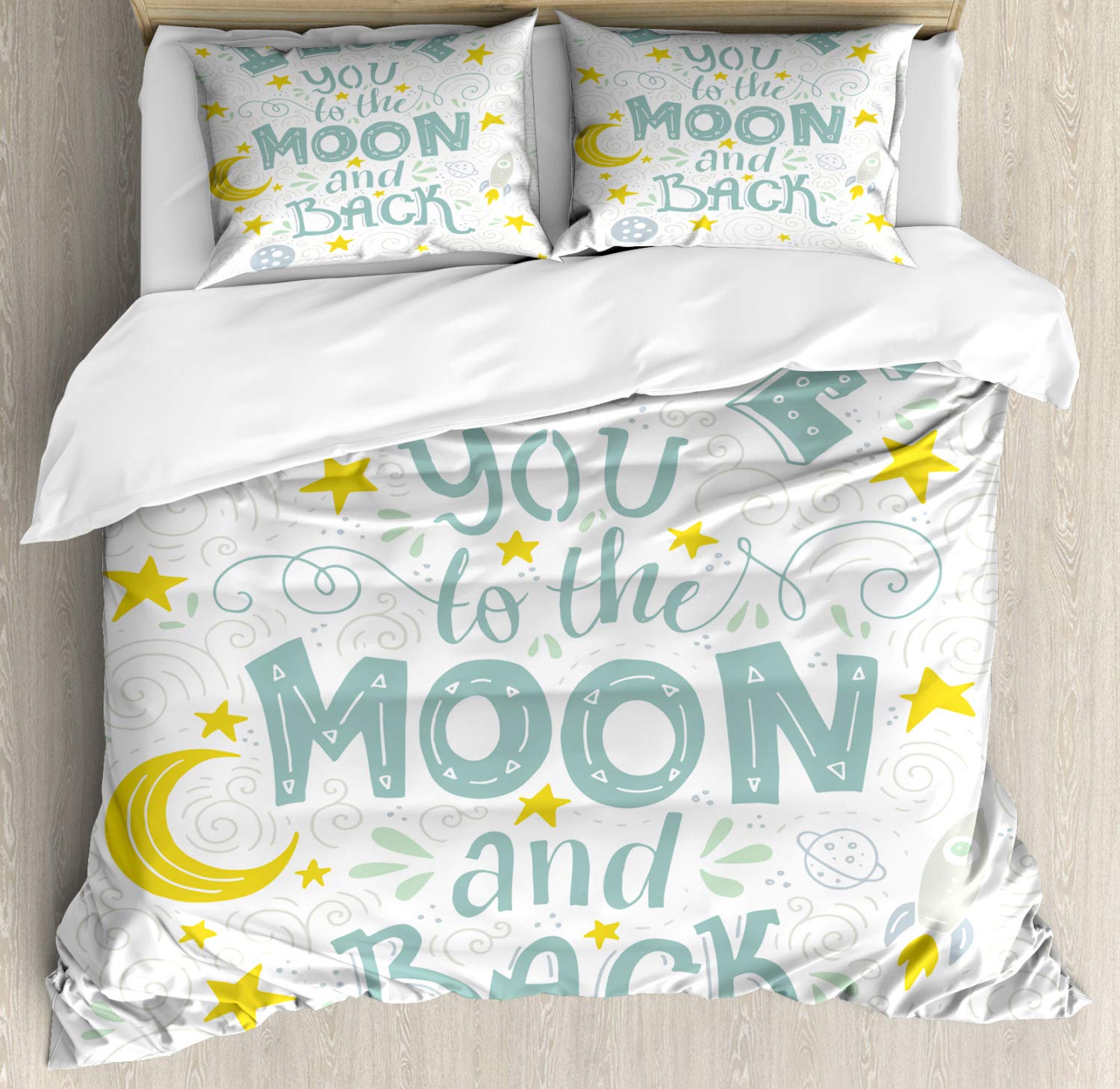 Ambesonne I Love You to The Moon and Back Duvet Cover Set - Crescent Moon, Stars & Galaxy Print 3-Piece Queen Bedding Set with 2 Pillow Shams in White Pale Seafoam | Space-Themed Bedroom Decor for Kids & Teens | Perfect for Nursery, Dorm Room or Gift