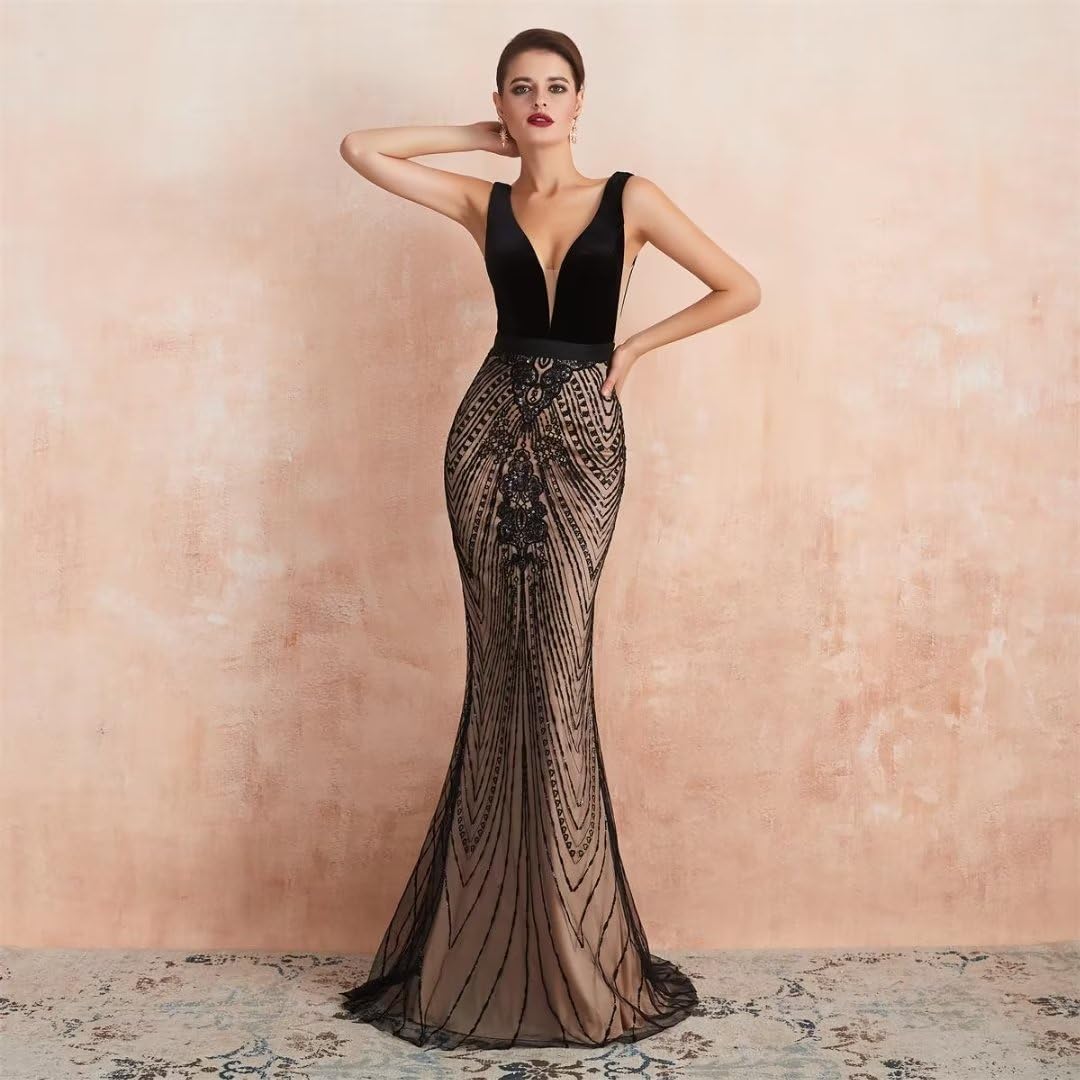Elegant Women's Velvet Sequin V-Neck Mermaid Prom Dress - Sleeveless Evening Gown for Party, Wedding & Special Occasions