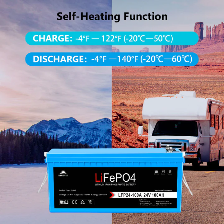 SunGoldPower 24V 100AH LiFePO4 Deep Cycle Lithium Battery with Bluetooth, Self-Heating & IP65 - Perfect for Solar Energy Storage, Marine, RV, and Off-Grid Power Systems - SGP24V100S