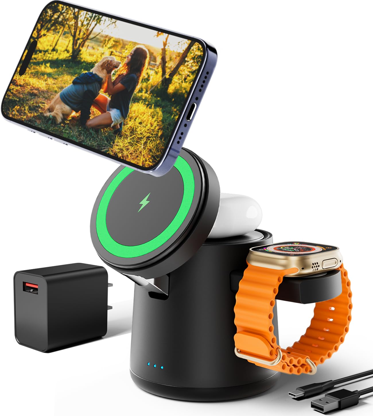 2025 Upgraded 3-in-1 Magnetic Wireless Charging Station - Fast Charging Dock for iPhone 16/15/14/13/12 Pro Max, Apple Watch & AirPods | Adjustable Portable Stand for Home, Office & Travel (Black)