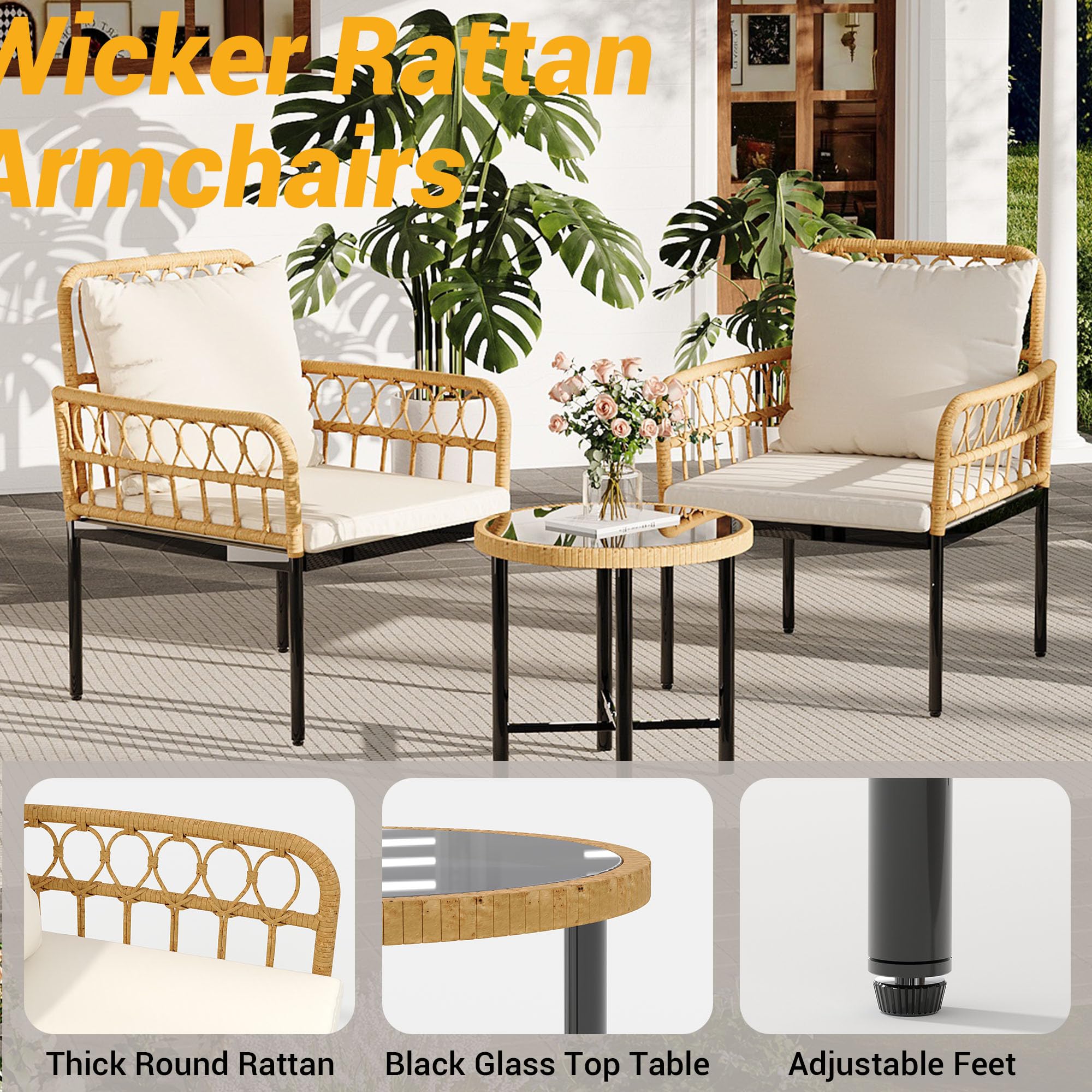 GARVEE 3-Piece All-Weather Wicker Patio Bistro Set with Glass Top Coffee Table & Cushioned Chairs - Boho Outdoor Furniture for Backyard, Garden, Balcony, Poolside - Perfect for Relaxing, Entertaining & Outdoor Dining (Beige)