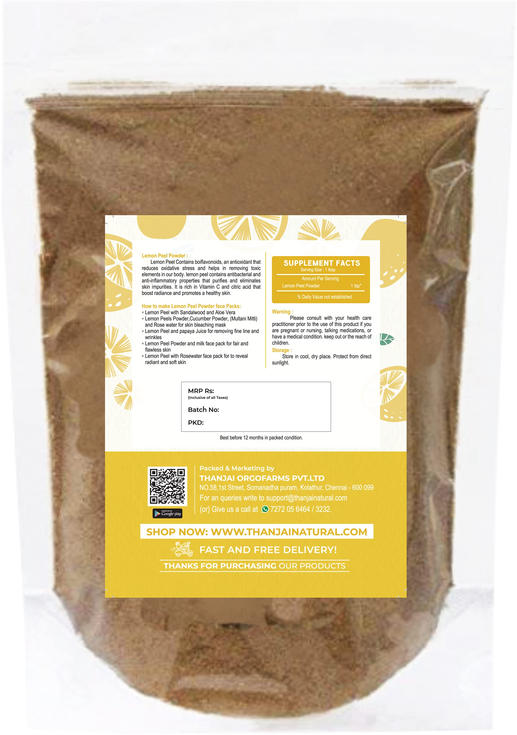 Premium 500g Thanjai Natural Lemon Peel Powder (Citrus Limonum) | Rich in Vitamin C | Organic Skin Brightening & Hair Care | Exfoliating Face Mask & Cleanser | Naturally Dried | For Glowing Skin & Healthy Hair (250g x 2 Pack) | Perfect for DIY Beauty Treatments & Spa Days