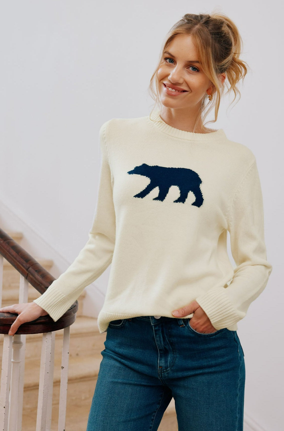Premium Merino Wool Polar Bear Sweater for Women & Men - Soft & Warm Winter Pullover (Cream/Navy) - Perfect for Cold Weather, Outdoor Activities & Cozy Loungewear