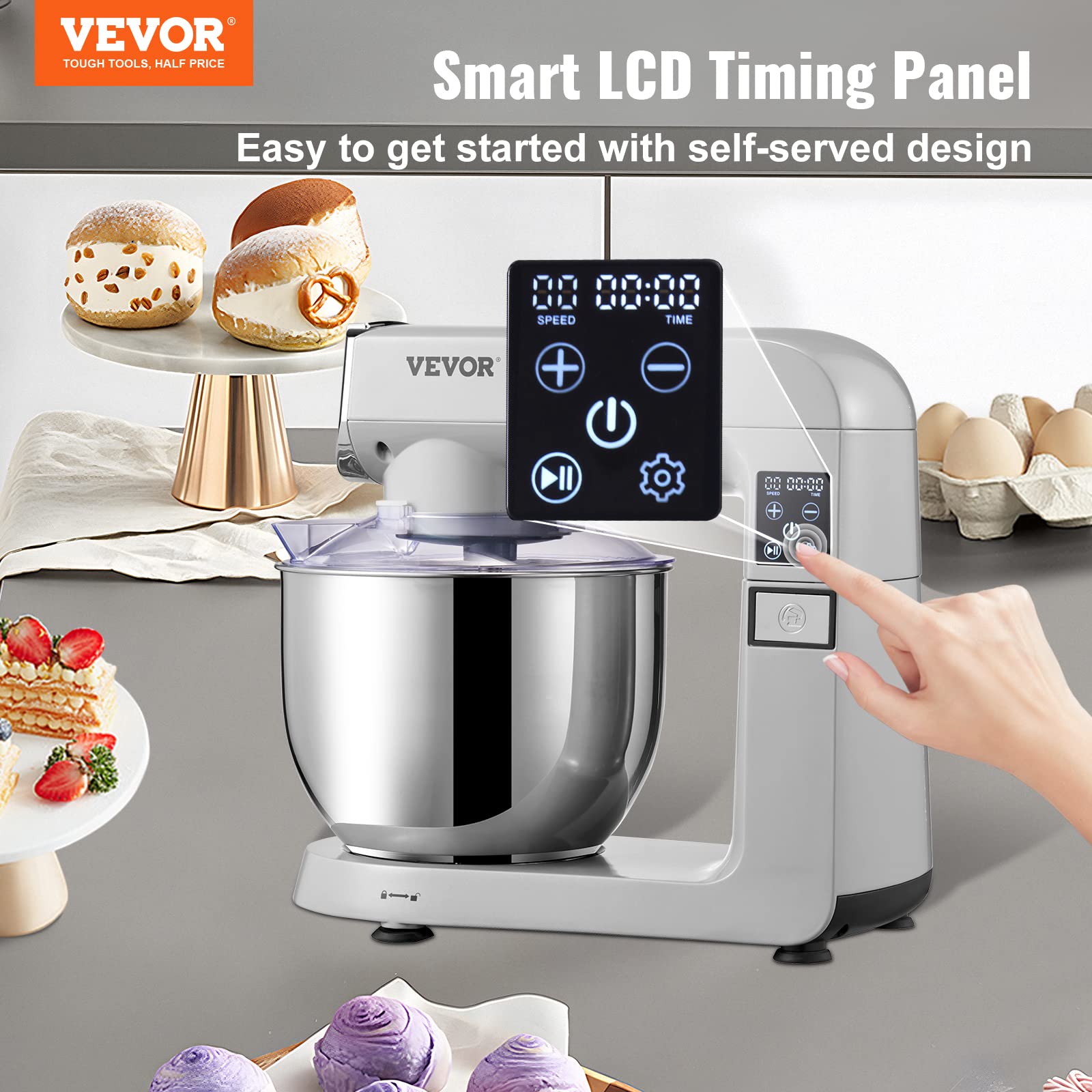 VEVOR 6-in-1 Stand Mixer 450W Tilt-Head Electric Kitchen Mixer with 6 Speeds LCD Timer, 7.4Qt Stainless Steel Bowl - Includes Dough Hook, Flat Beater, Whisk, Scraper, Grinder & Sausage Stuffer - Perfect for Baking, Cooking, Meal Prep & Home Kitchen Use (Gray)