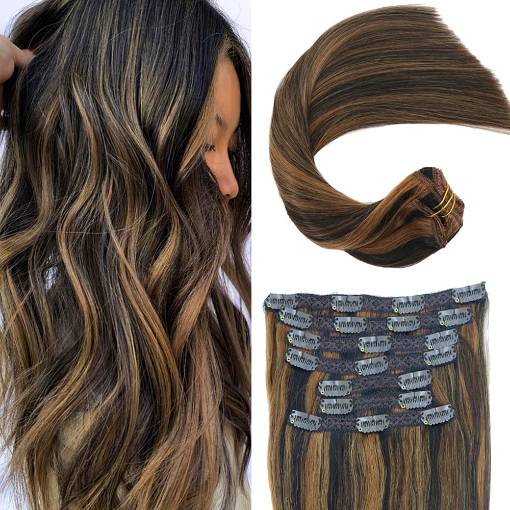 16inch Real Human Hair Clip In Extensions - 16.5inch Length, 100g Double Wefted with Thick Ends & Silky Soft Texture in Piano/Off Black/Chestnut Blonde Highlights | Perfect for Daily Styling, Parties & Special Occasions
