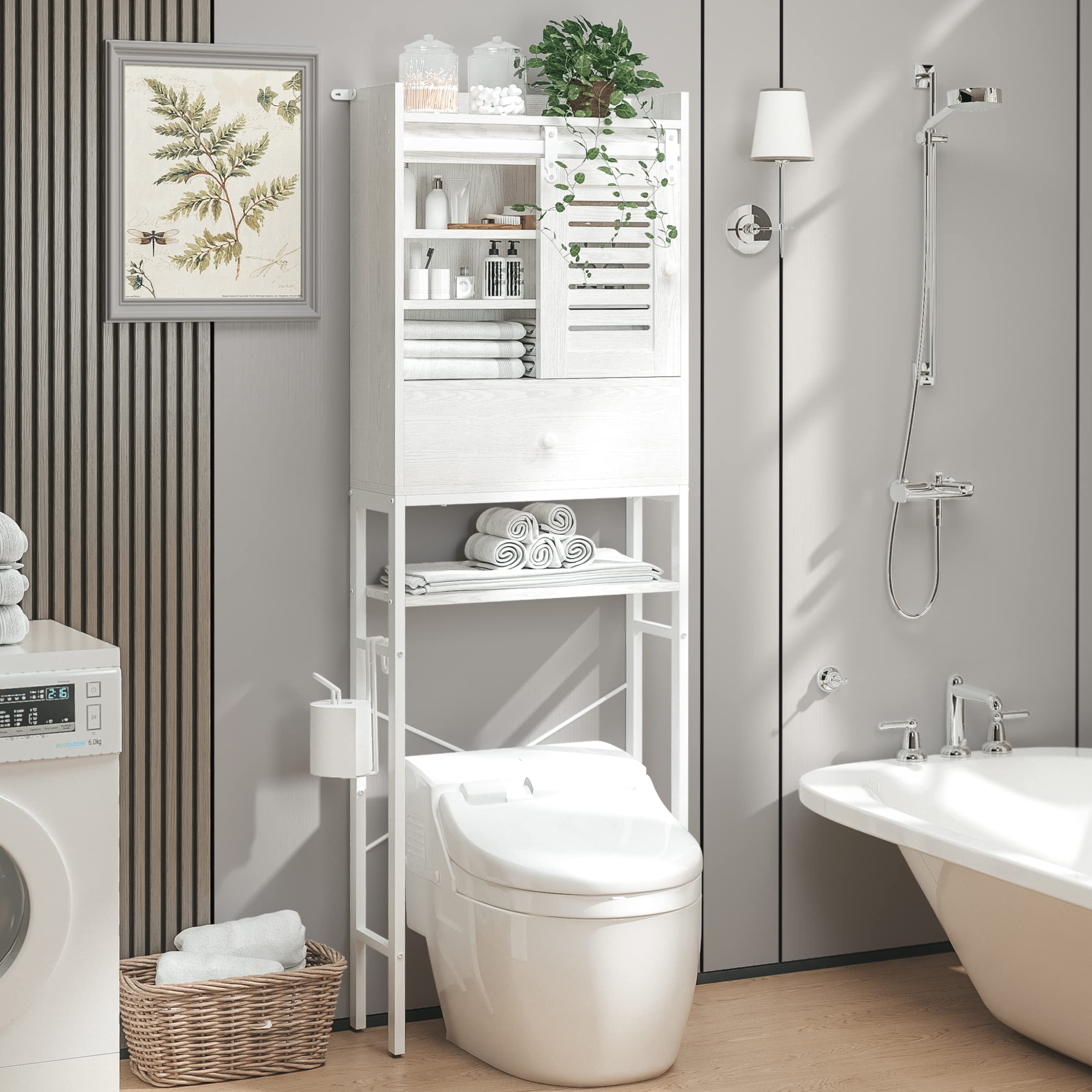 IRONCK 6-Tier Over The Toilet Storage Rack with Cabinet & Drawer - Adjustable Bathroom Organizer Shelves with Sliding Door, Paper Hook - White Space Saver for Small Bathrooms, Apartments & Dorm Rooms