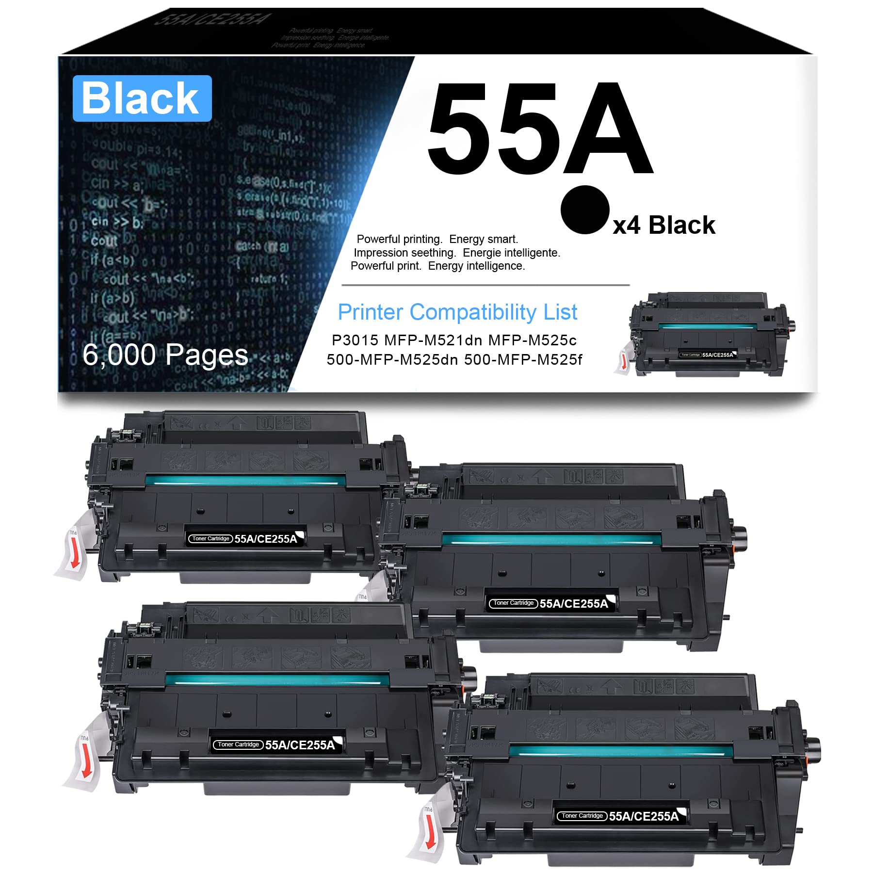 YARE Compatible Toner Cartridge Replacement for HP 55A CE255A - Works with HP LaserJet P3015 Series & MFP M521/M525 Printers (4-Pack Black) | Ideal for Office Printing, Document Scanning & High-Volume Copying