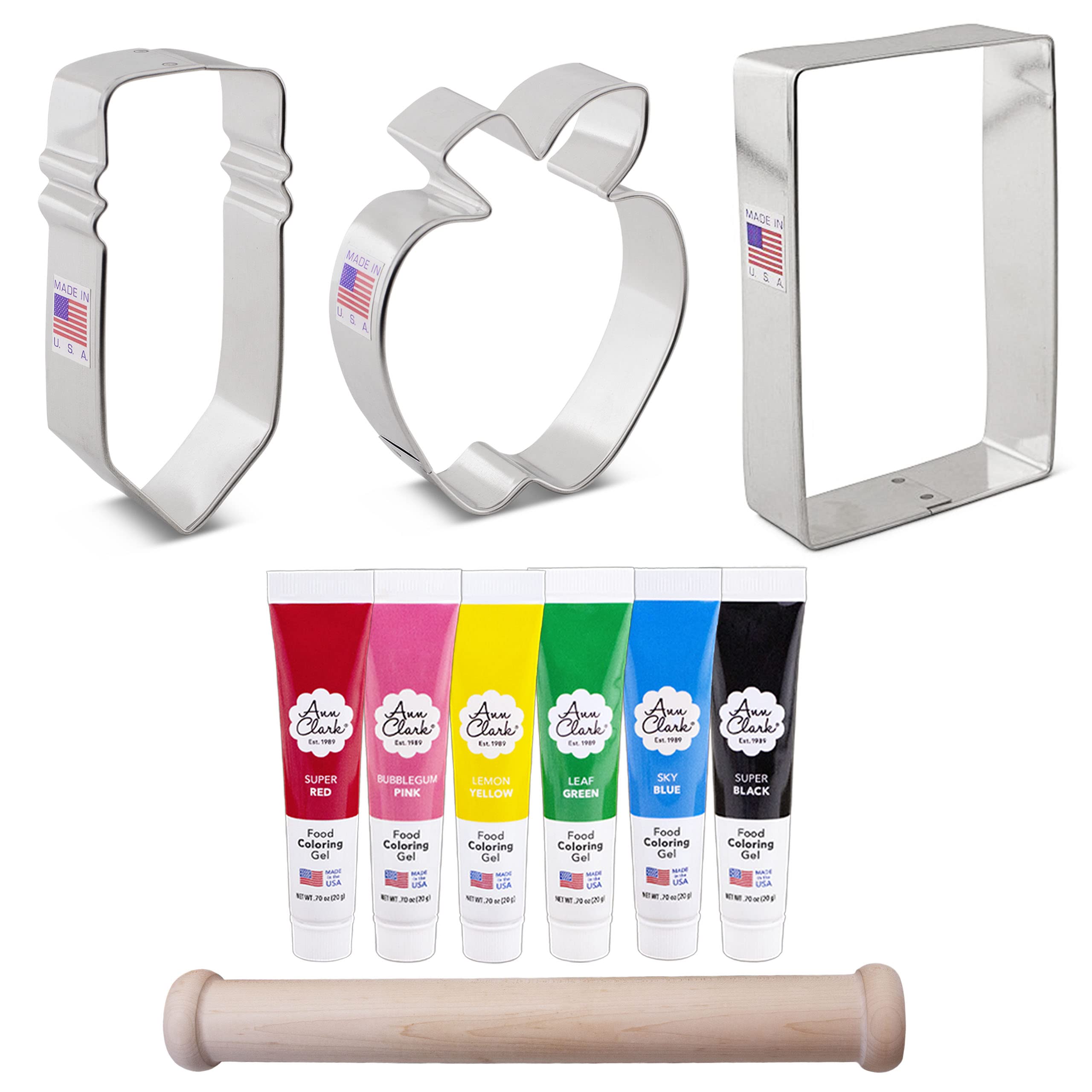 Ann Clark 3-Piece Back to School Cookie Cutter Set with 6 Pack Food Coloring Gel & Rolling Pin | USA Made | Perfect for Classroom Treats, Holiday Baking & Kids' Cooking Activities