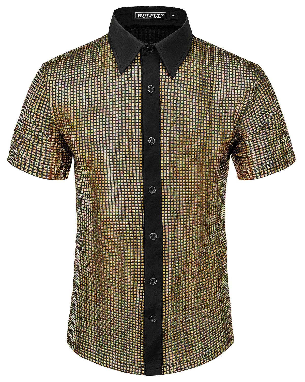 WULFUL Men's Disco Shirt with Sequins - 70s Style Short Sleeve Button Down Party Shirt for Costume, Nightclub, and Retro Theme Events