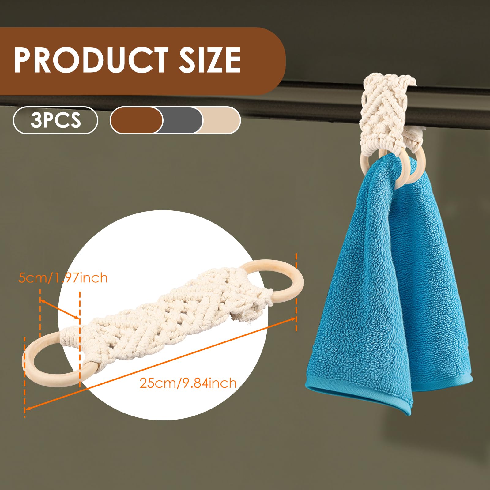 3Pcs Handmade Crochet Dish Towel Holders - Macrame Knit Hanging Kitchen Towel Organizer for Bathroom & Toilet - Decorative Cotton Towel Hooks for Kitchen, Farmhouse, RV & Dorm Room Decor