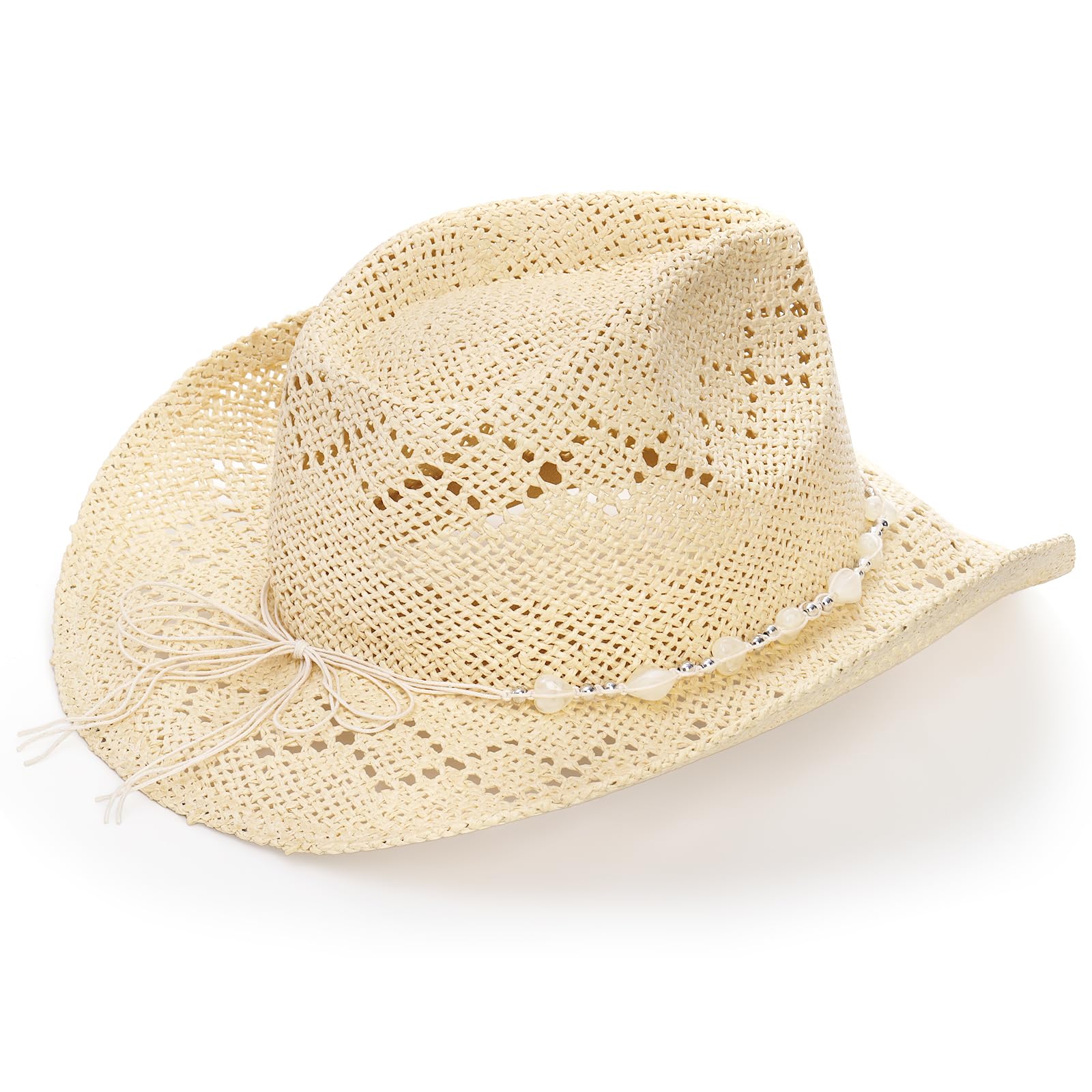 Hiceeden Women's Straw Cowboy Hat - Western Style Sun Hat with Adjustable Brim & Beaded Chain - Beach, Festival, and Outdoor Summer Accessories for Women & Men (Beige)
