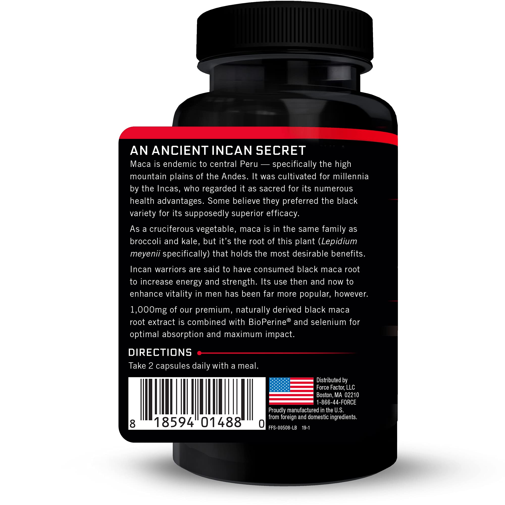 Force Factor Black Maca Root Supplement for Men - 1000mg Natural Maca Negra Extract with Superior Absorption, 60 Capsules - Energy, Stamina & Vitality Booster for Workout, Fitness & Daily Performance