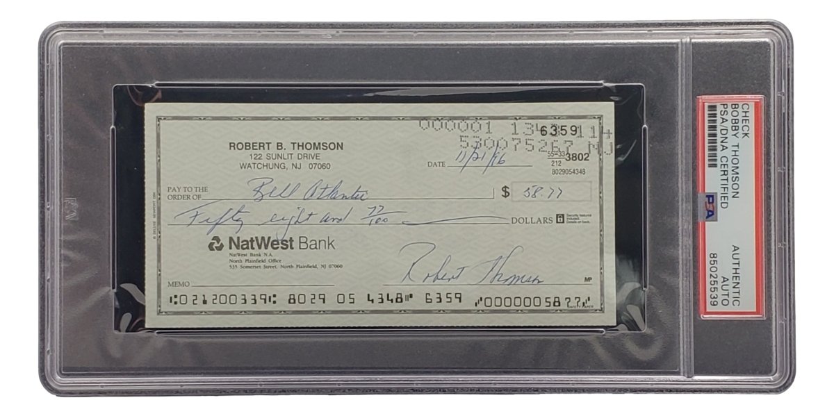 Authentic Bobby Thomson New York Giants Signed Bank Check with PSA/DNA Certification 85025539 - Perfect for Sports Memorabilia Collectors and Baseball Fans