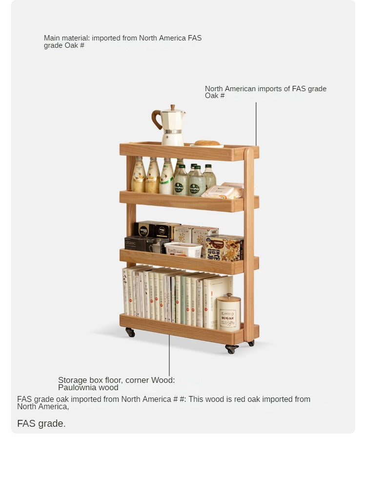 Oak Solid Wood Mobile Storage Rack Cart - Ultra Narrow Space-Saving Organizer for Kitchen, Bathroom, or Office Use