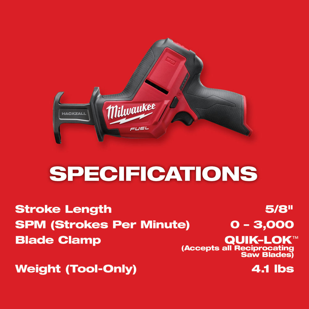 MILWAUKEE 2520-20 M12 FUEL™ HACKZALL® Cordless Reciprocating Saw Kit - Compact & Powerful for Demolition, Wood Cutting & Plumbing Work
