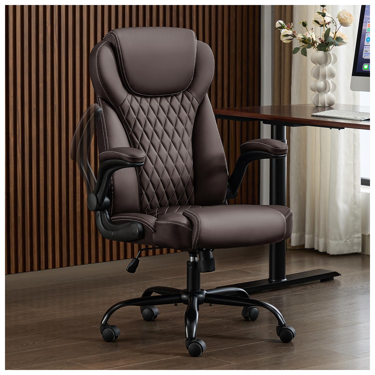 Premium Ergonomic Office Chair - Executive Leather Desk Chair with Adjustable Flip-Up Arms, Lumbar Support & Swivel Rocking Function - Perfect for Home Office, Computer Work & Gaming (Brown)