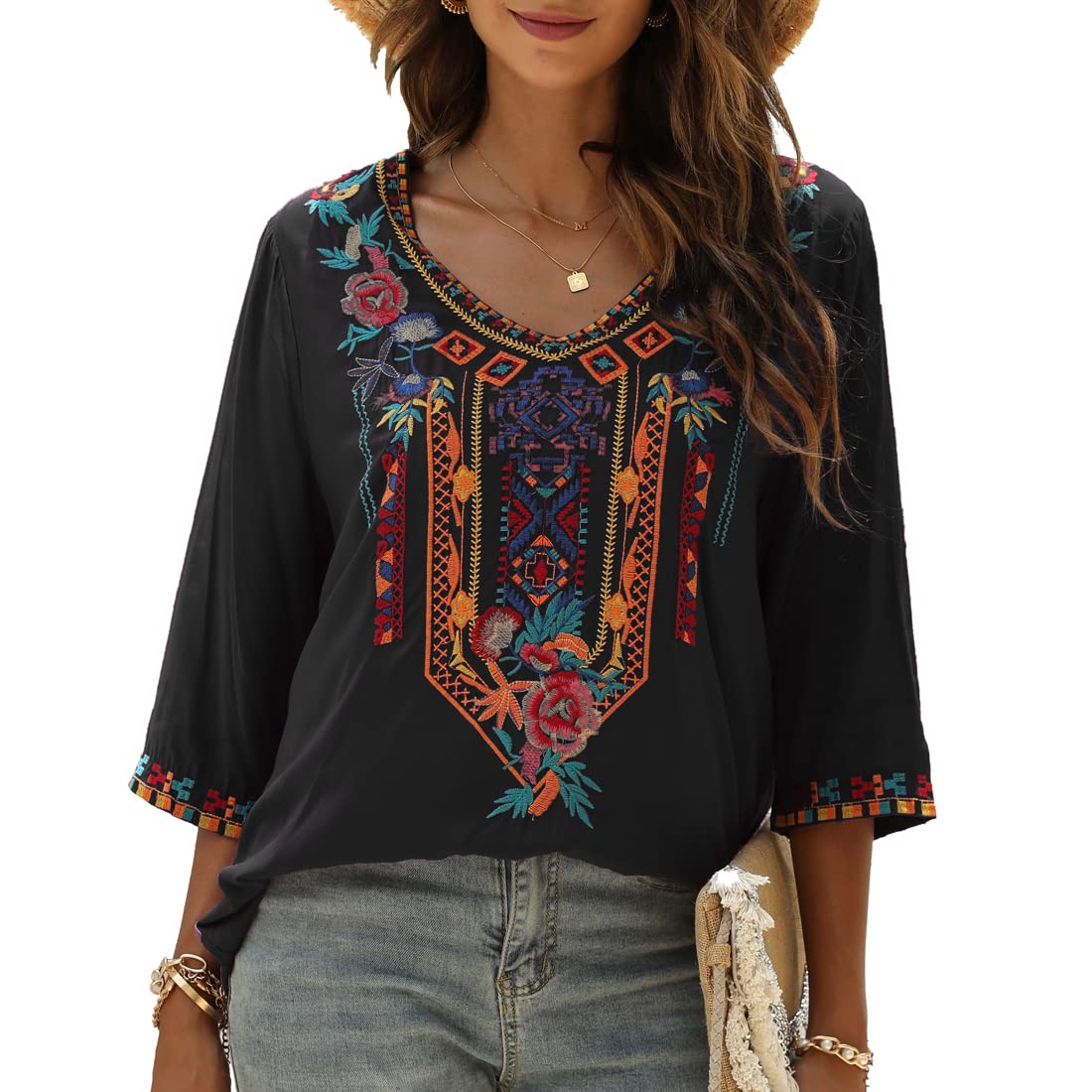 AK Embroidered Tops for Women - 3/4 Sleeve Peasant Blouse Mexican Shirts with V-Neck - Traditional Tunic Casual Tops - Perfect for Boho Outfits, Summer Wear & Festival Fashion